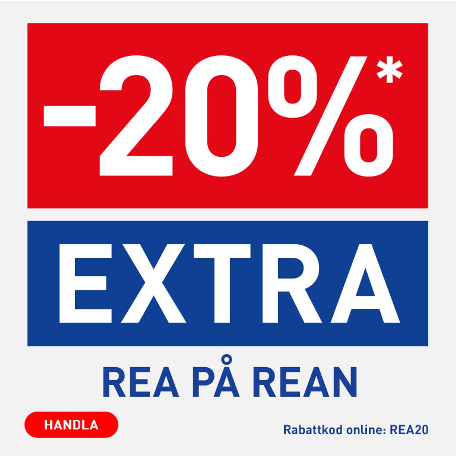 Red and blue graphic displaying '-20%* EXTRA', 'REA PÅ REAN', a 'HANDLA' button, and 'Rabattkod online: REA20'.