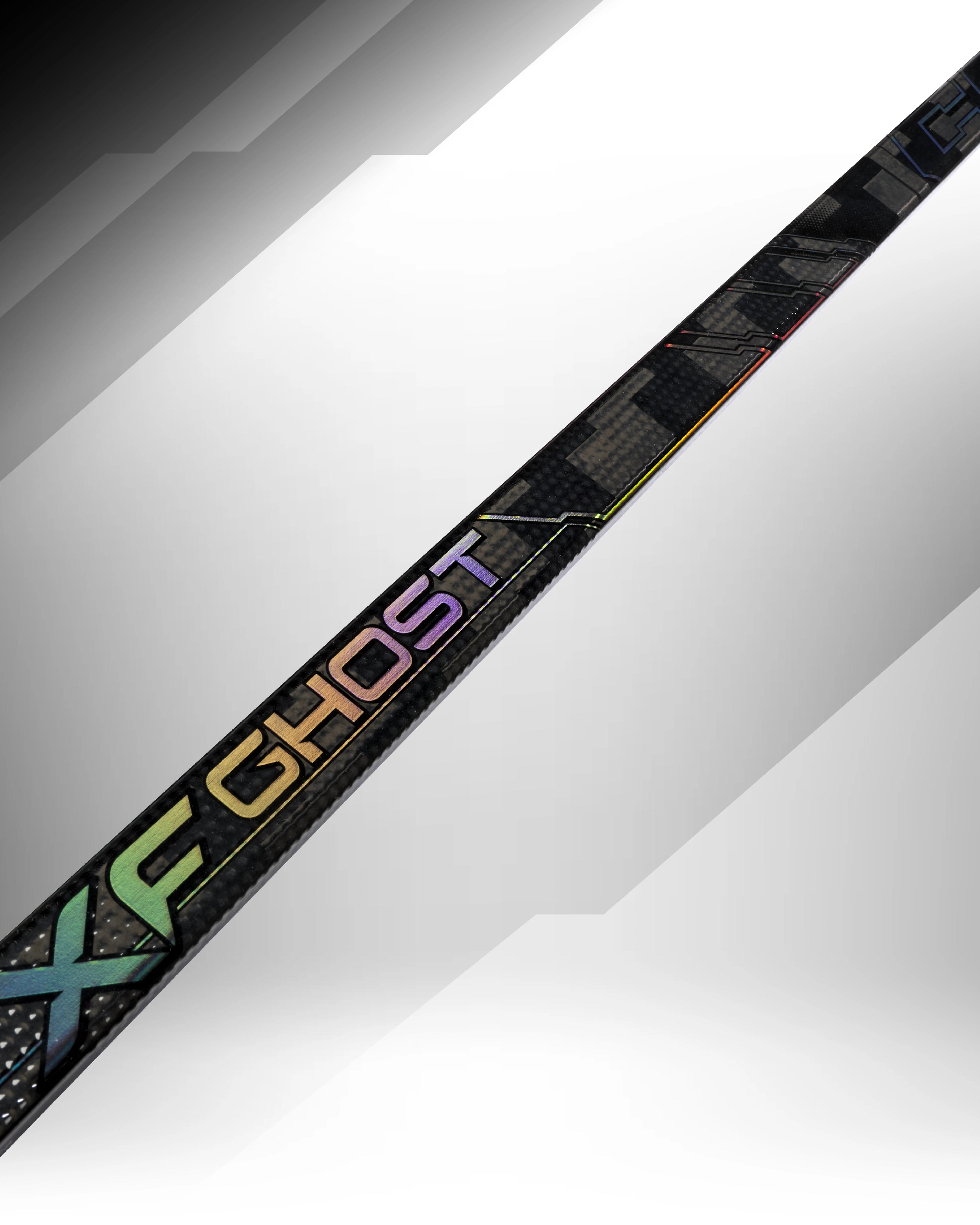 Black carbon fiber hockey stick shaft with colorful iridescent "GHOST" lettering.