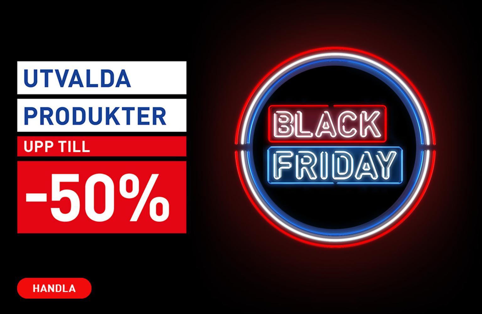 Black Friday sale advertisement with a neon sign, offering up to 50% off selected products.