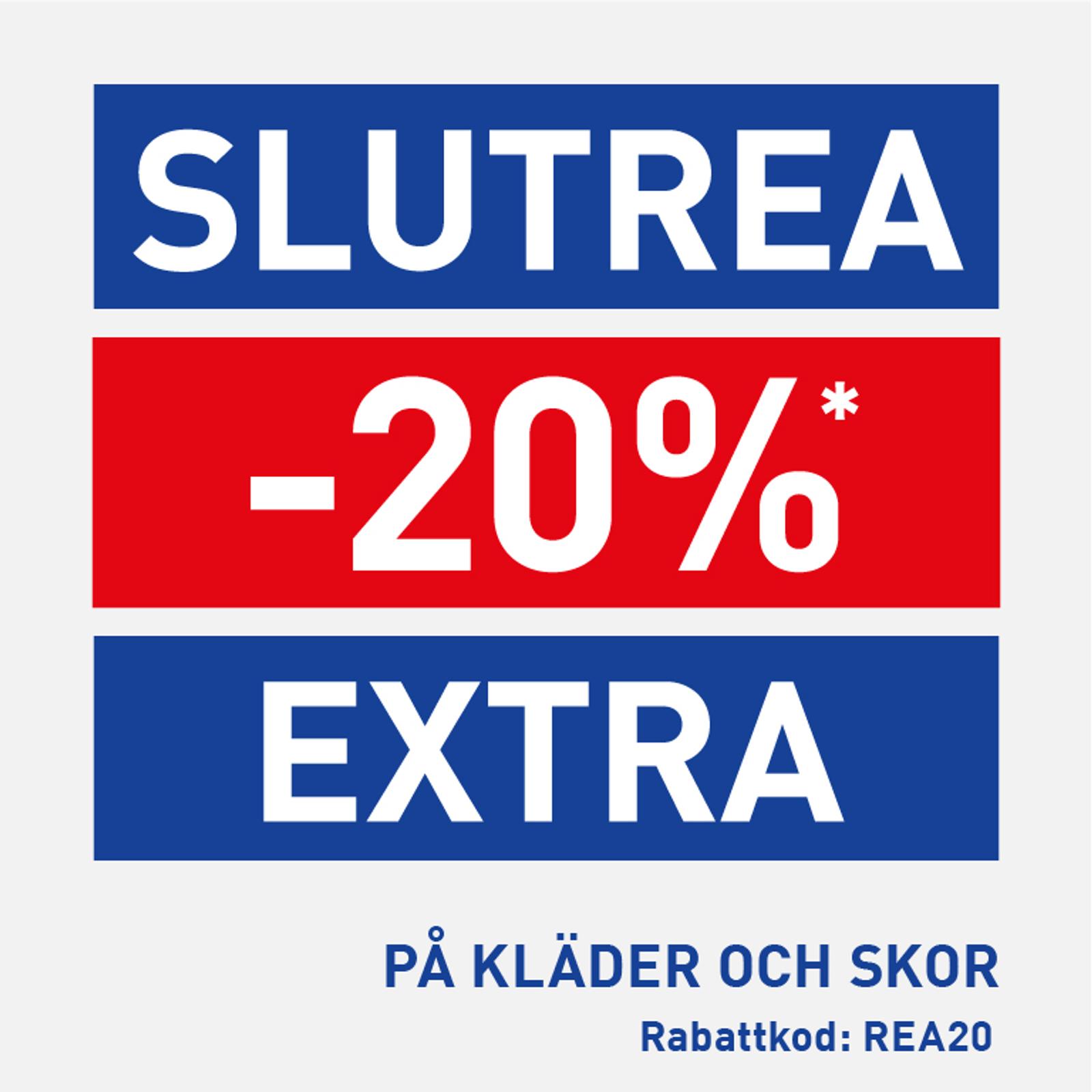 SLUTREA (End Sale) banner with "–20%* EXTRA" on clothes and shoes, discount code REA20.