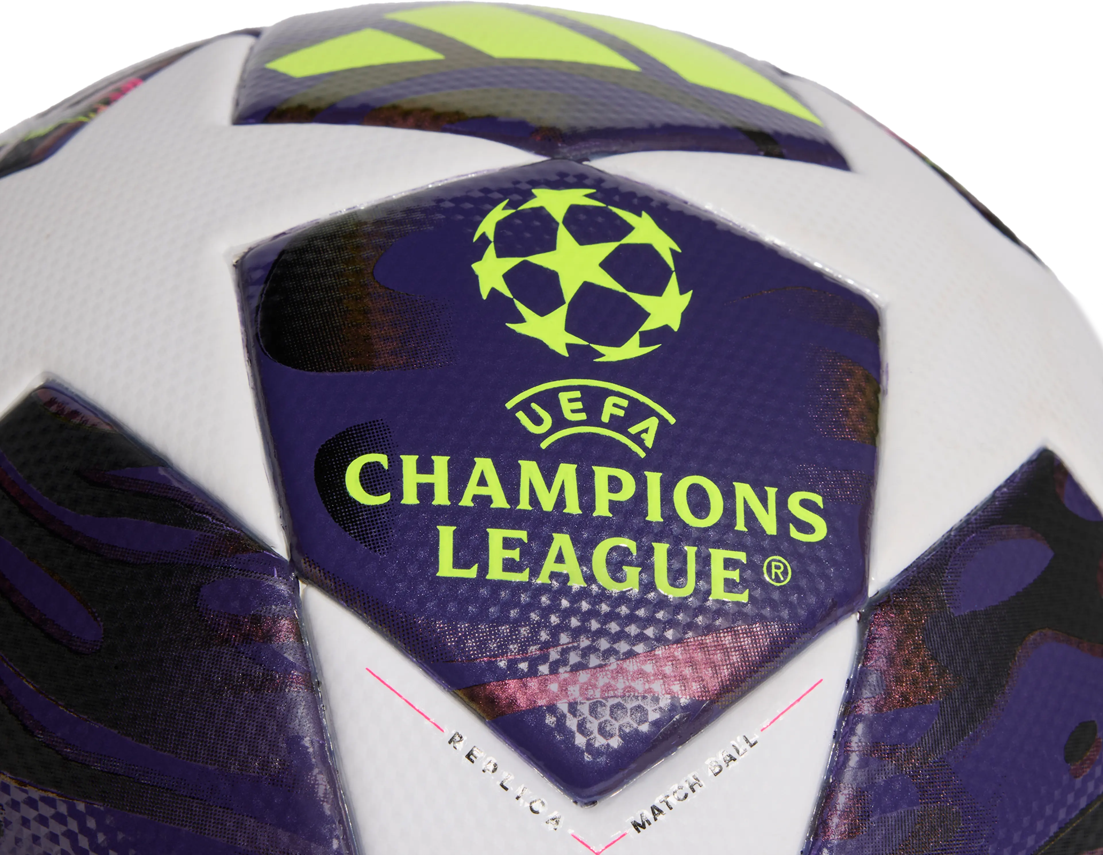 White and purple soccer ball with the neon yellow UEFA Champions League logo.
