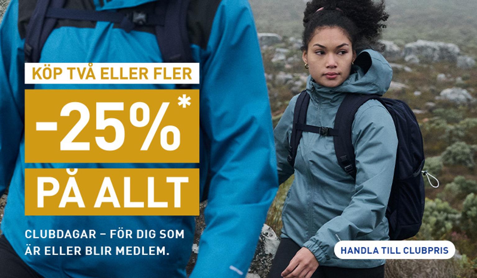 Advertisement: A woman in a greenish-blue outdoor jacket and backpack stands in a rocky landscape, with text overlaying "KÖP TVÅ ELLER FLER -25%* PÅ ALLT. Clubbdagar – För dig som är eller blir medlem. Handla till clubpris."