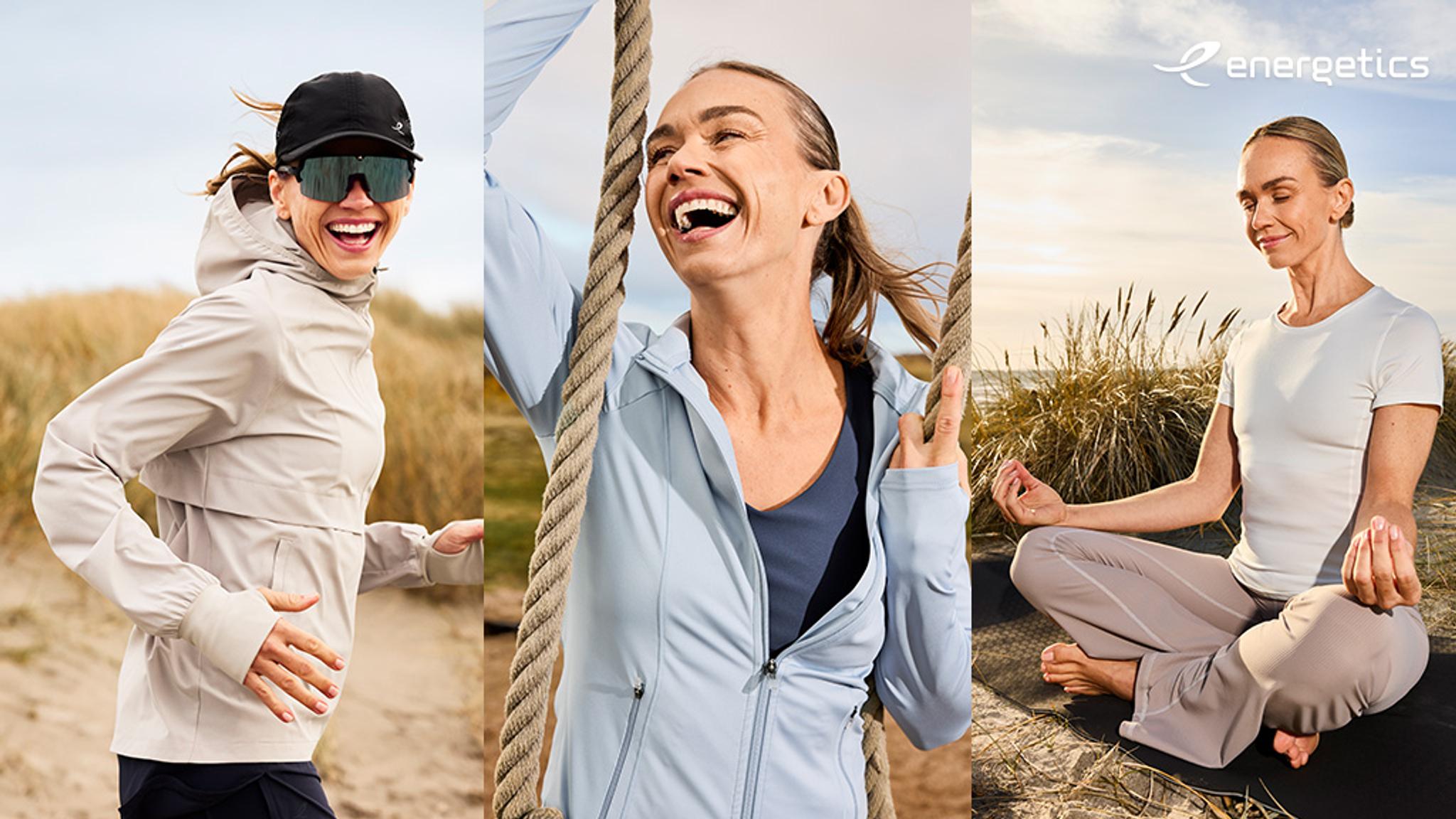 A smiling woman performs three outdoor activities: running, laughing, and meditating.