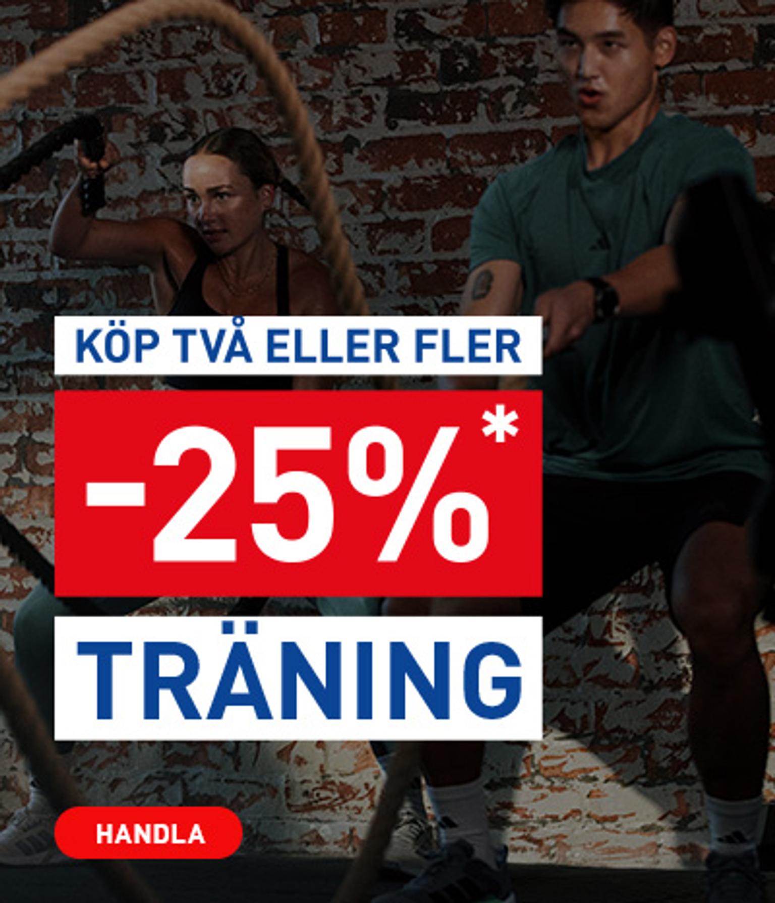 Ad: Two people exercising with battle ropes. Text: "Buy two or more, -25%* on Training. Shop."