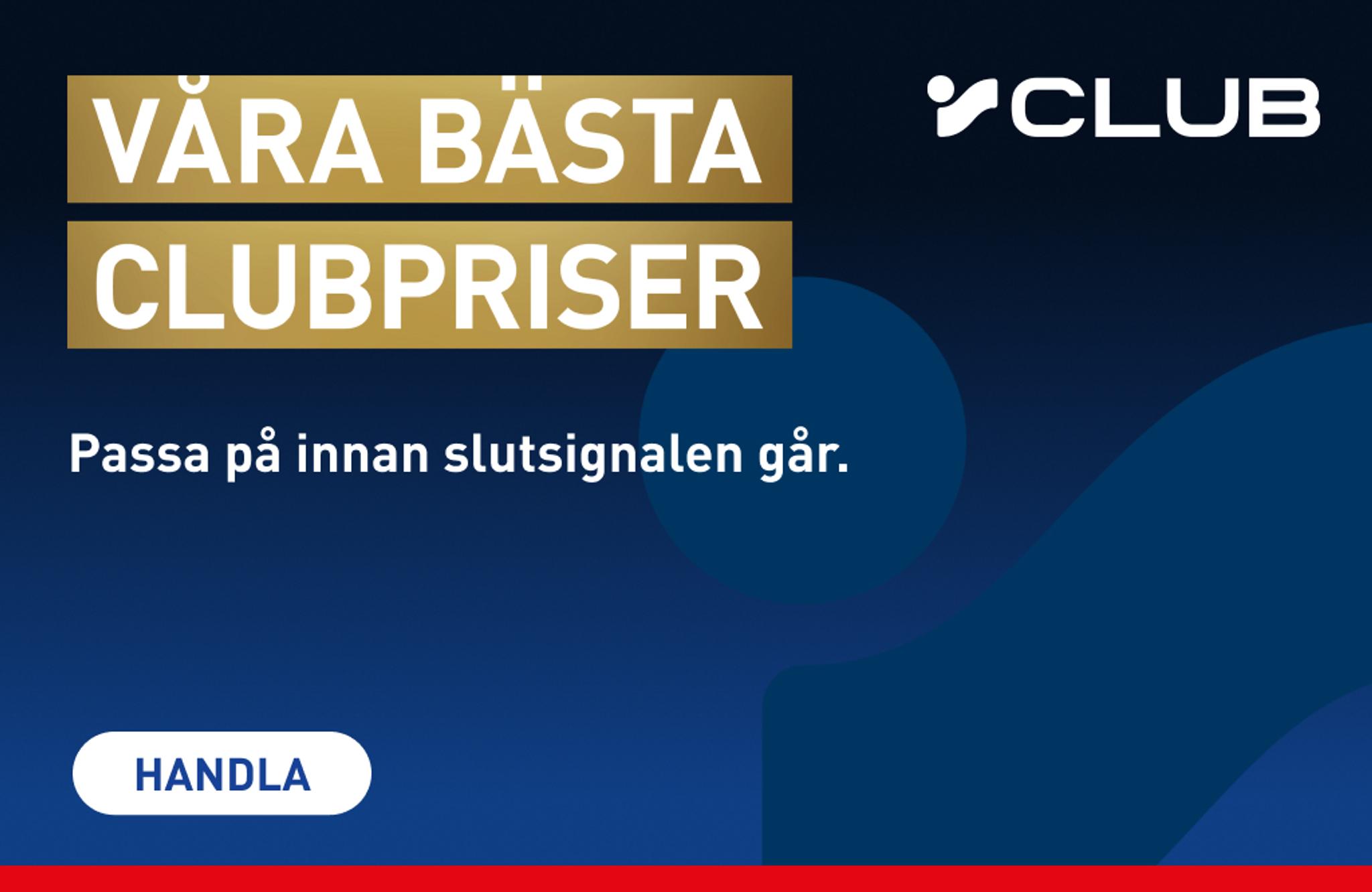 V CLUB banner: "Våra bästa Clubpriser. Passa på innan slutsignalen går." with a "Handla" button.