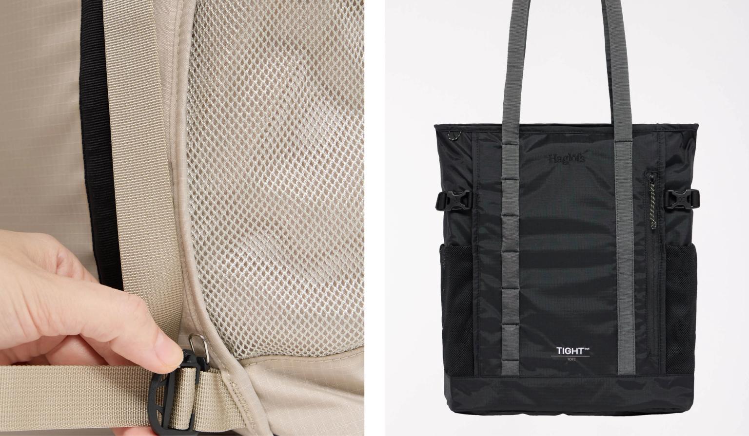 a close up of a backpack and a tote bag .