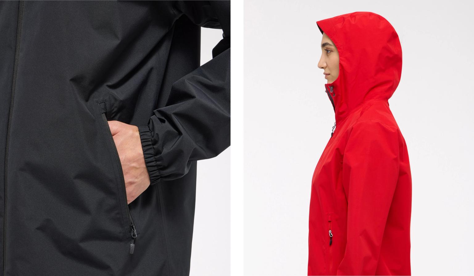 a black jacket with a hood and a red jacket with a hood .