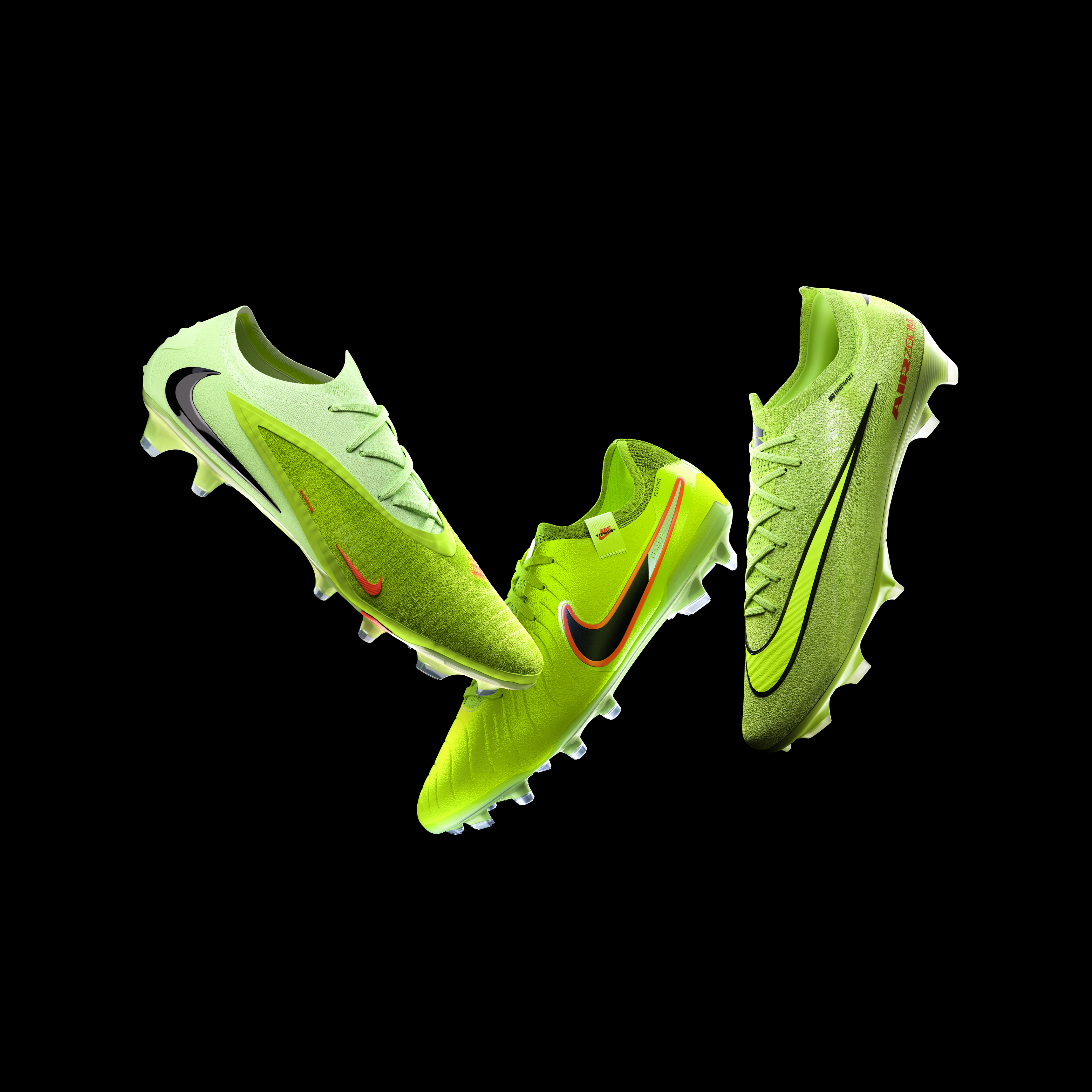 a pair of neon yellow nike soccer cleats on a black background