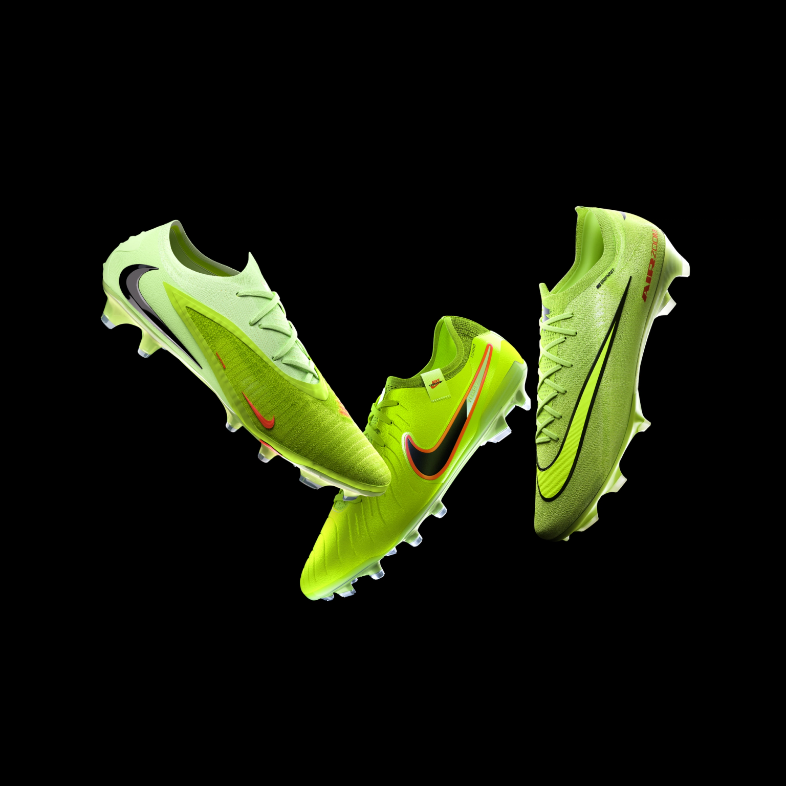 a pair of neon yellow nike soccer cleats on a black background