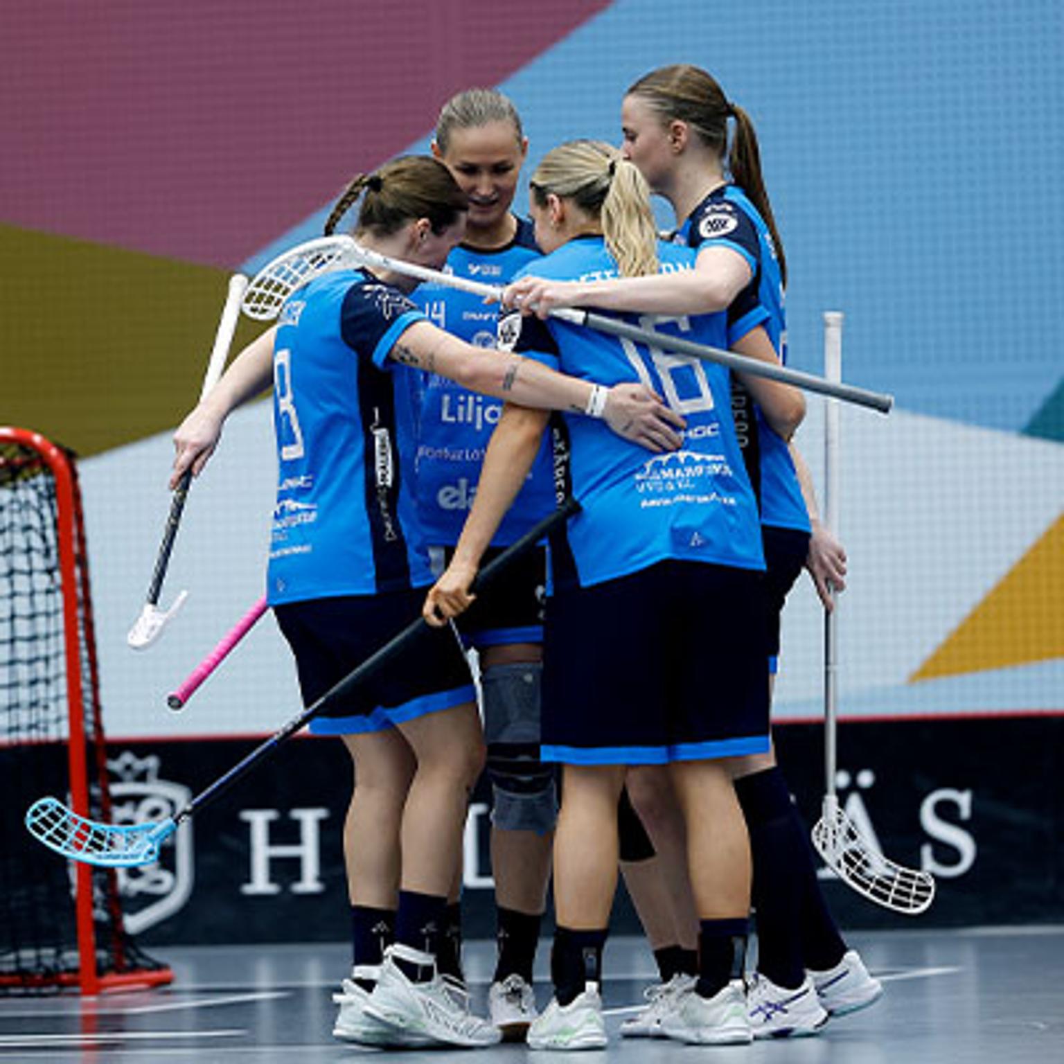 a group of women are hugging each other while holding lacrosse sticks on a court .