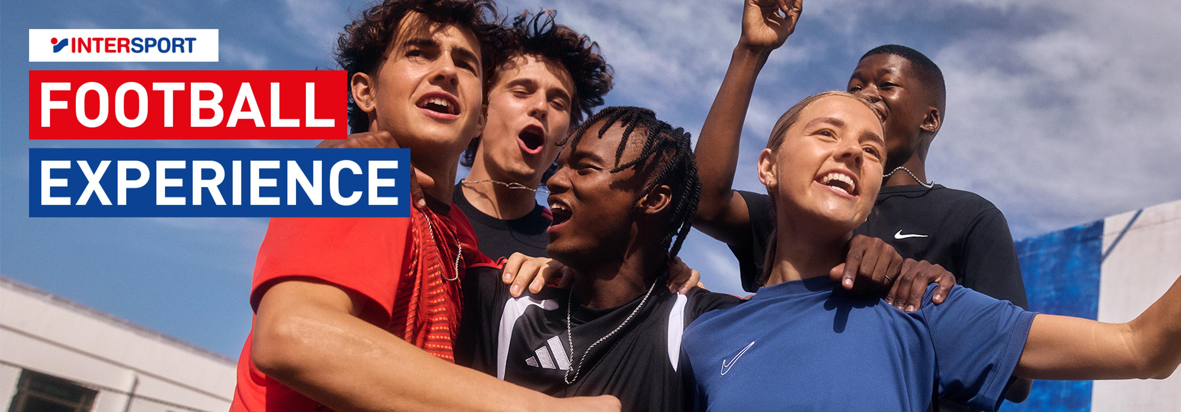 A group of diverse young people in sports gear, laughing and cheering, with the text "INTERSPORT FOOTBALL EXPERIENCE".