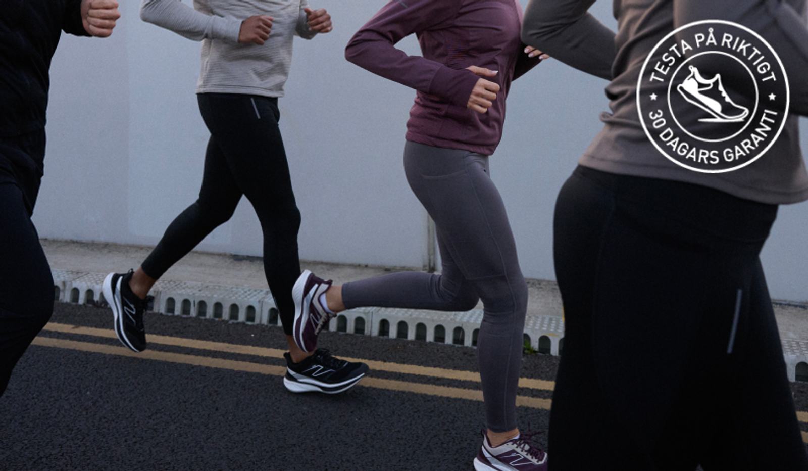 Three people running in athletic wear, with a circular badge promoting a "30-day guarantee" for running shoes.
