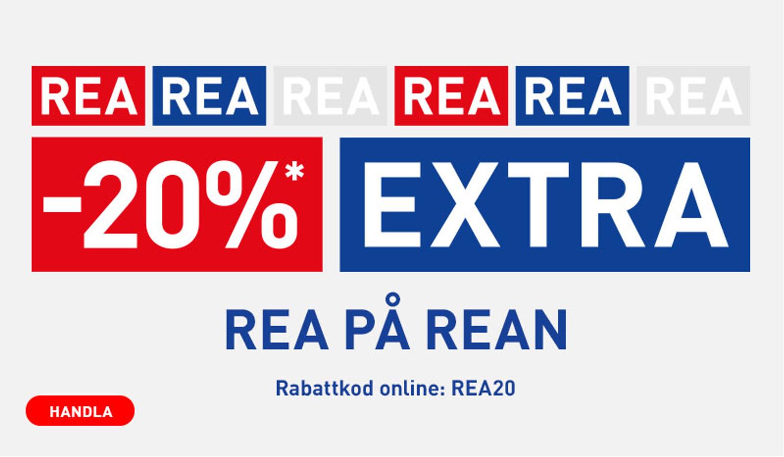 a red , white and blue banner with the words `` -20 % extra rea på rean '' .