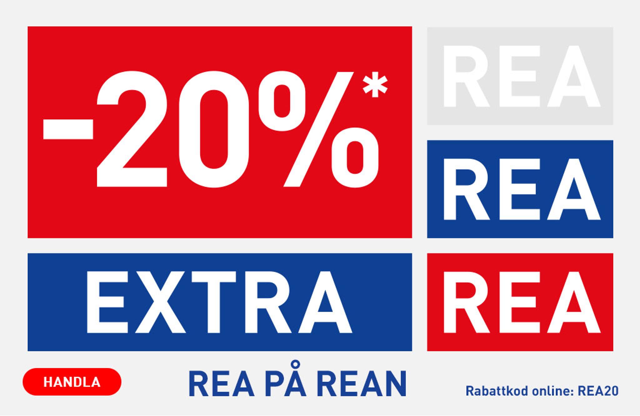 Sale advertisement with "-20% EXTRA", "REA PÅ REAN", and discount code REA20.