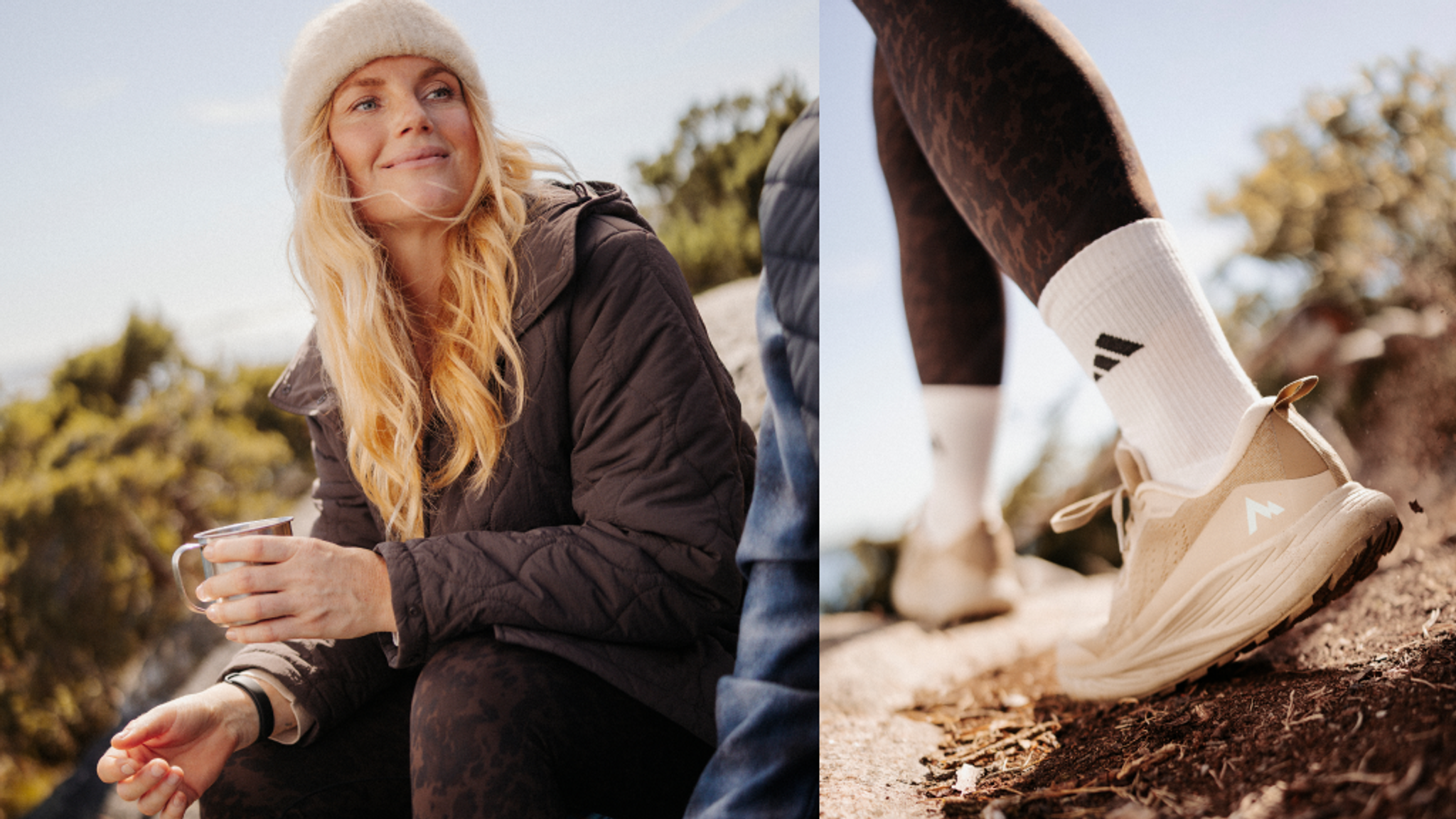 A woman in a beanie and quilted jacket relaxing outdoors, next to a close-up of light athletic shoes walking on a rocky trail.