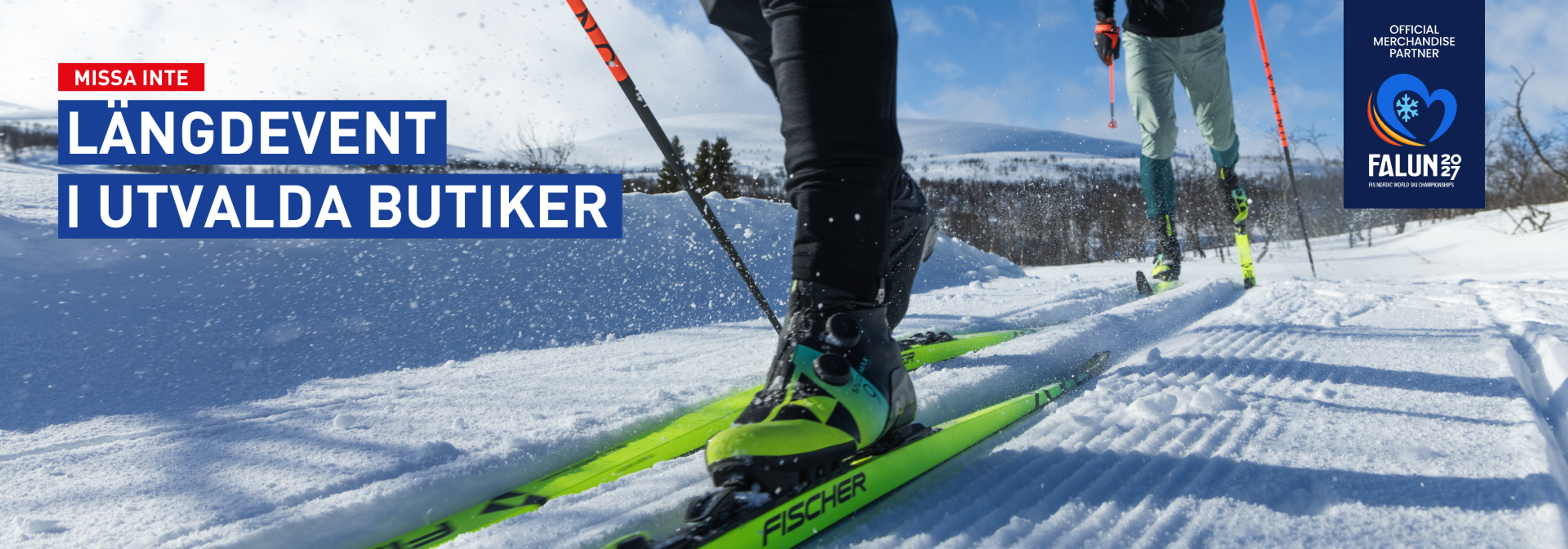Person cross-country skiing on bright green skis on a snowy trail. Text: 'MISSA INTE LÄNGDEVENT I UTVÅLDA BUTIKER' and Falun 39 partner logo.