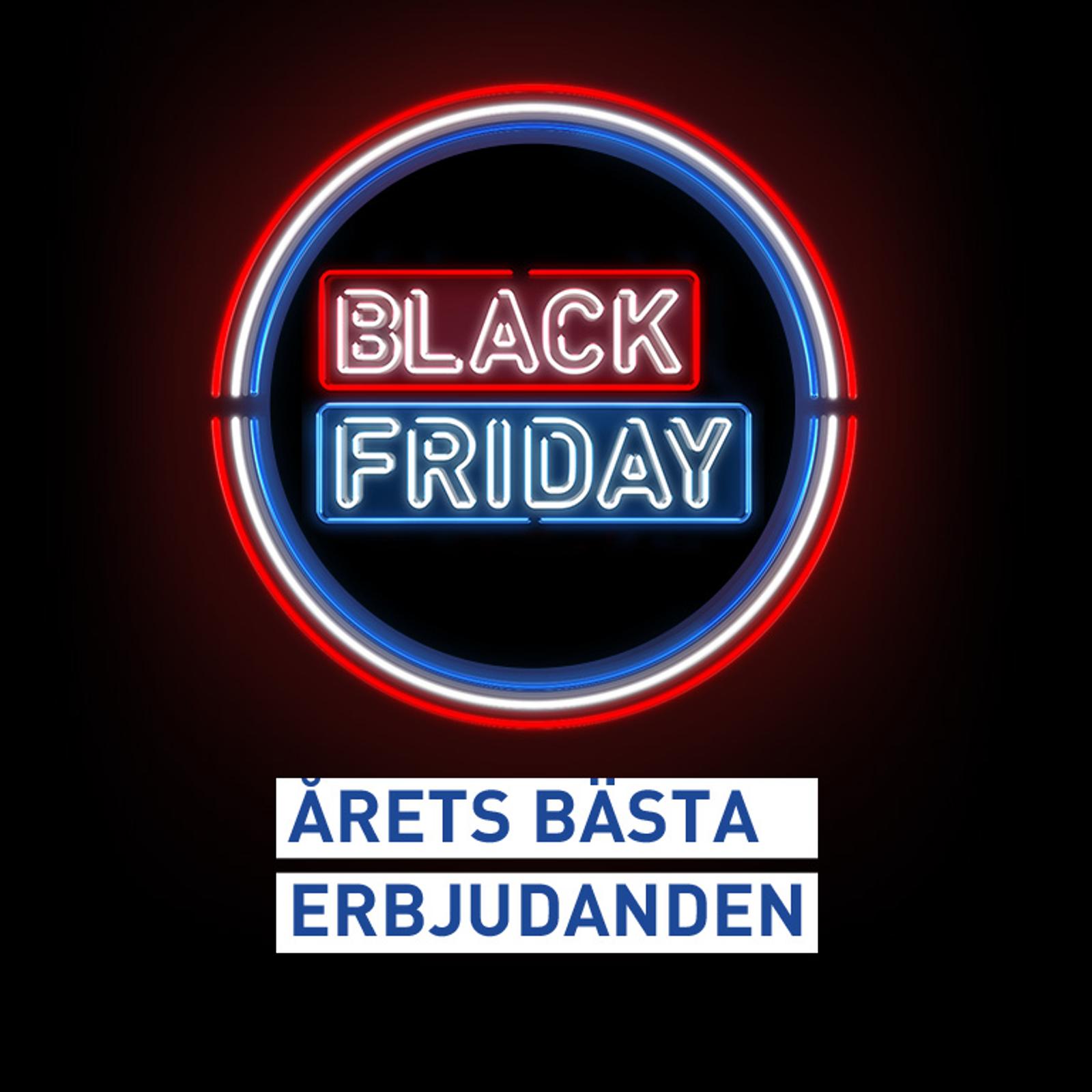 Black Friday neon sign with 'ÅRETS BÄSTA ERBJUDANDEN' (This Year's Best Offers).