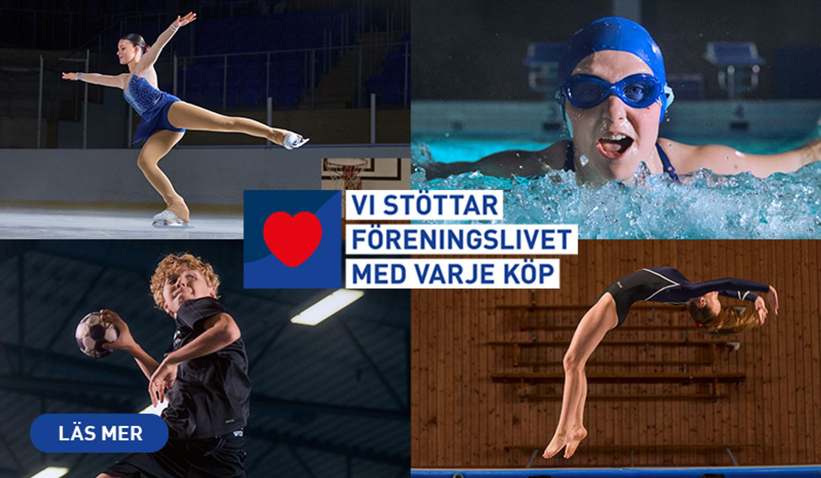 Collage of athletes: a figure skater, swimmer, handball player, and gymnast. Overlay text in Swedish: "We support club life with every purchase."