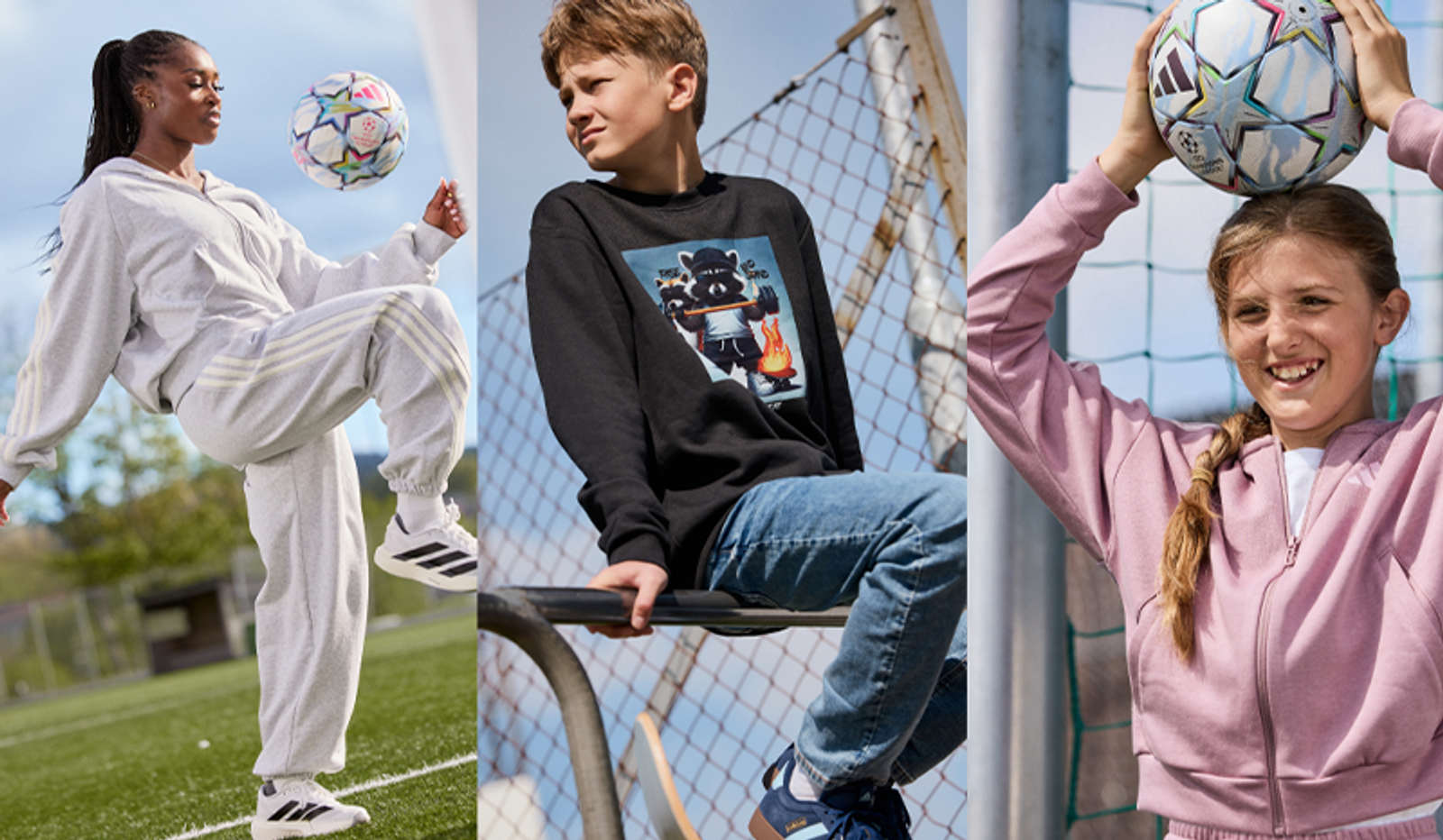 Three young people in athletic wear engaged in soccer: a woman juggling a ball, a boy sitting, and a girl balancing a ball on her head.