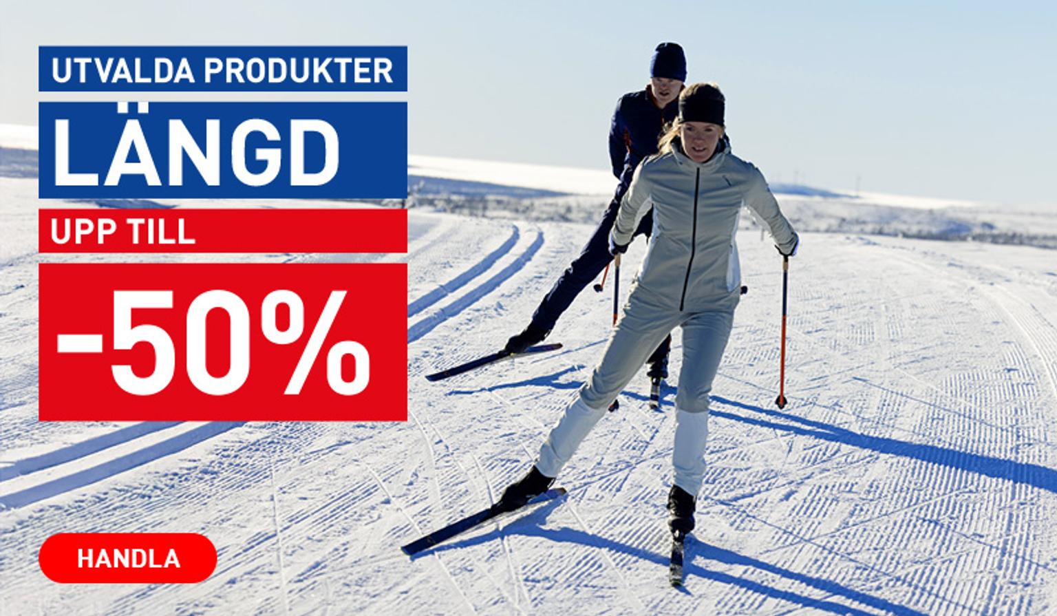 Promotional image showing two people cross-country skiing, with text overlay: "Selected Products Cross-country, Up to -50% off. Shop now."