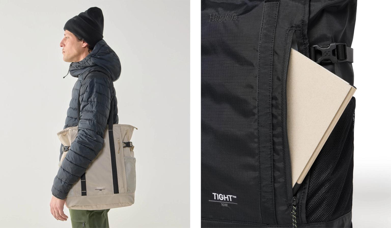 a man is carrying a backpack with a notebook in it .