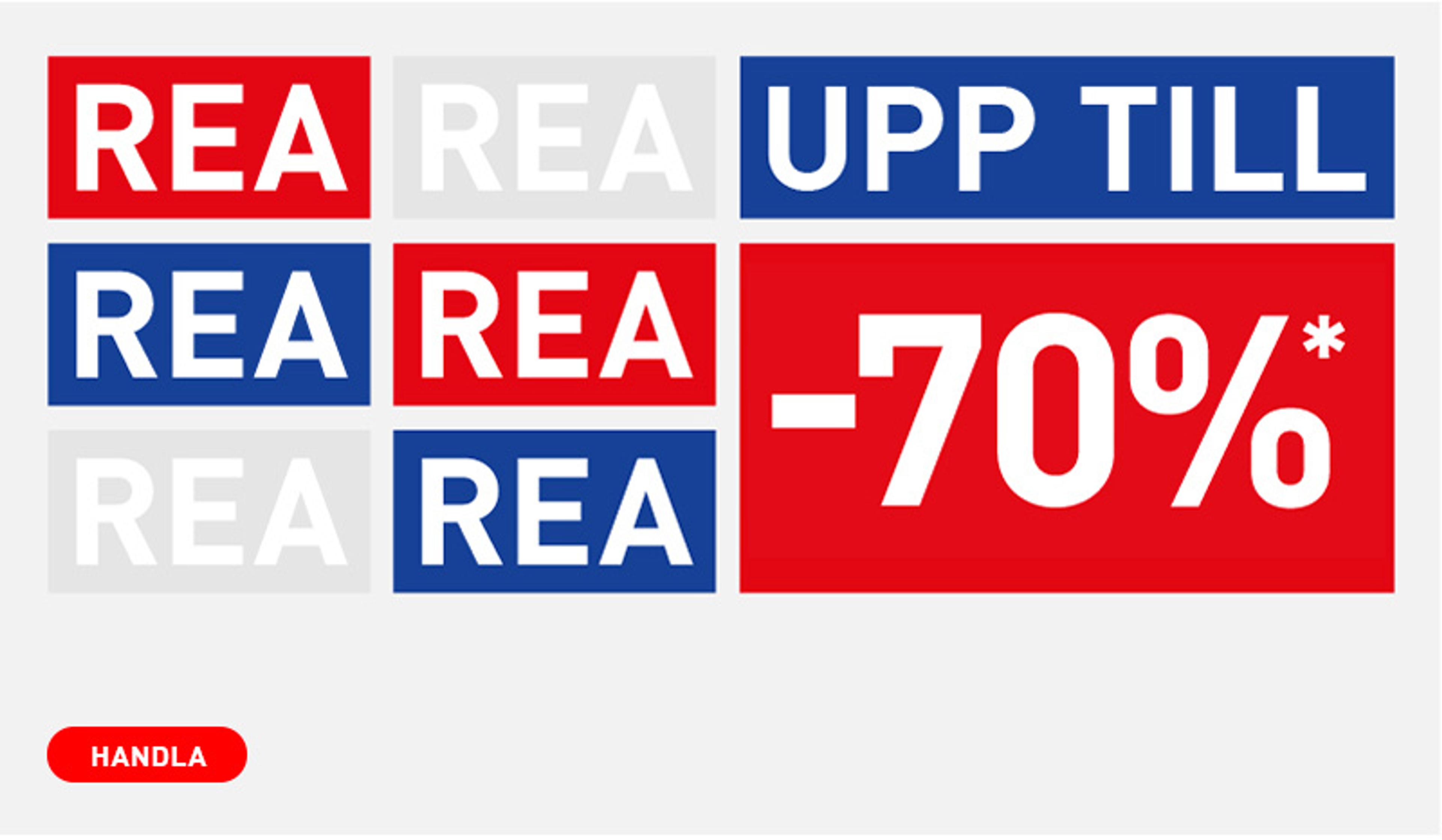 Sale banner with "REA UPP TILL -70%" and a "HANDLA" button.