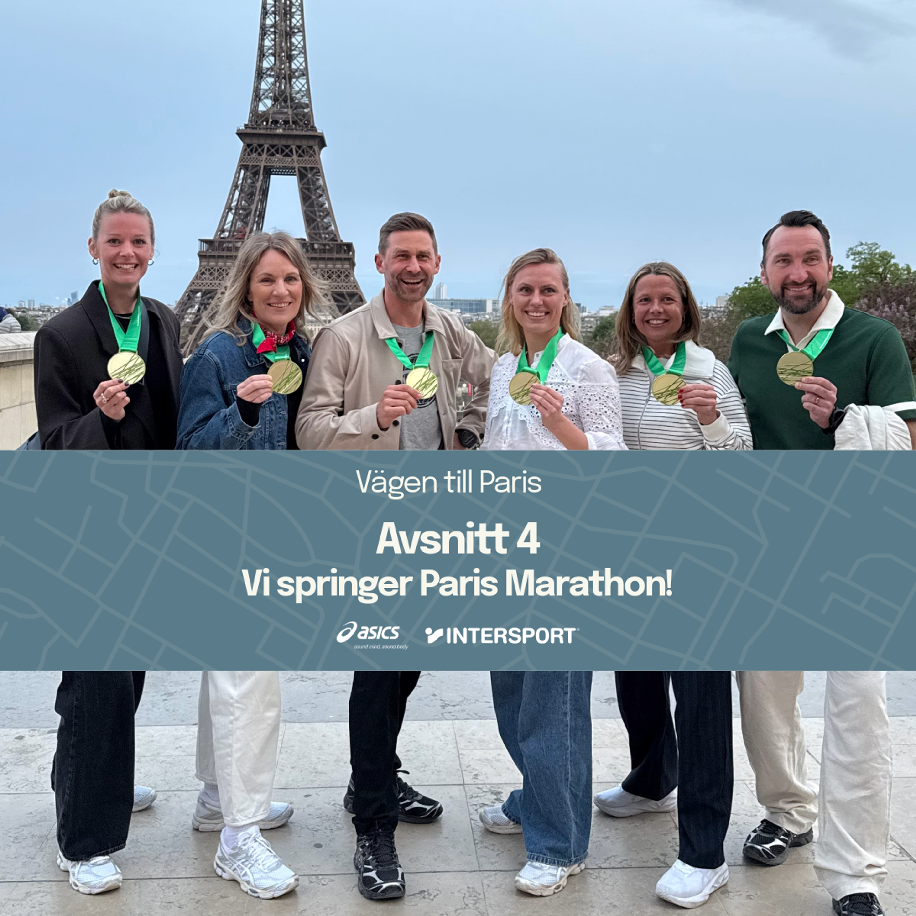 Six smiling people hold gold medals with green ribbons in front of the Eiffel Tower. An overlaid banner reads "The Road to Paris, Episode 4, We are running Paris Marathon!".
