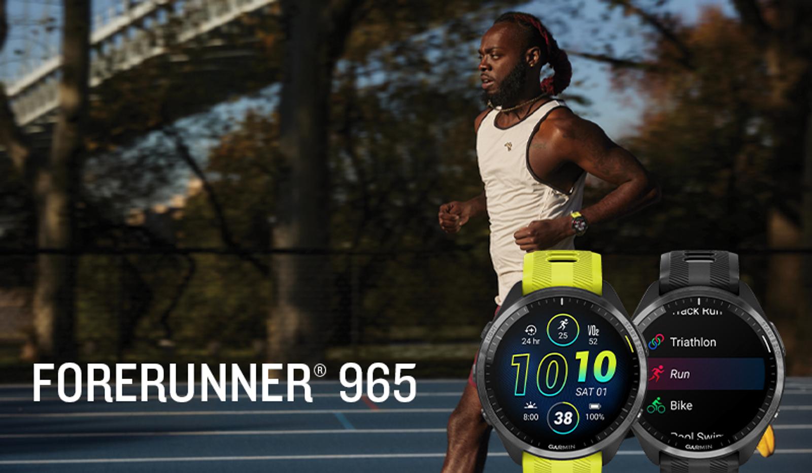 A man runs on an outdoor track, with two Garmin Forerunner 965 smartwatches displayed prominently in the foreground. One watch has a yellow band showing time and stats, the other a black band listing activities. Text: FORERUNNER® 965.