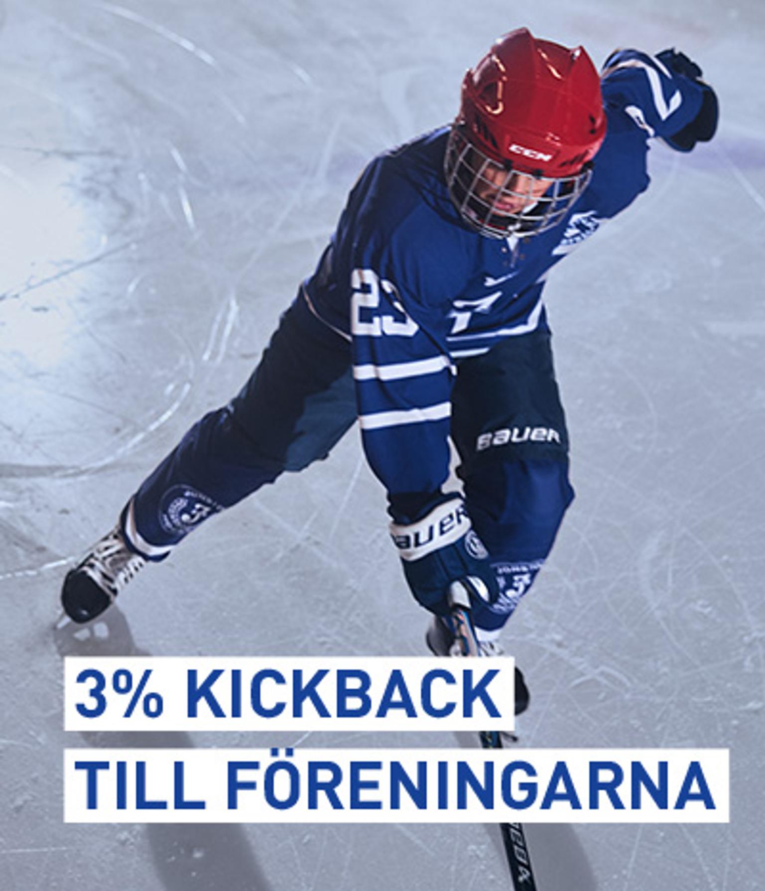 Hockey player on ice with text '3% KICKBACK TILL FÖRENINGARNA'.