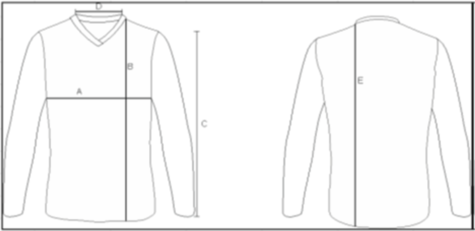Measurement guide for a long-sleeved shirt, front and back views, with labeled dimensions.