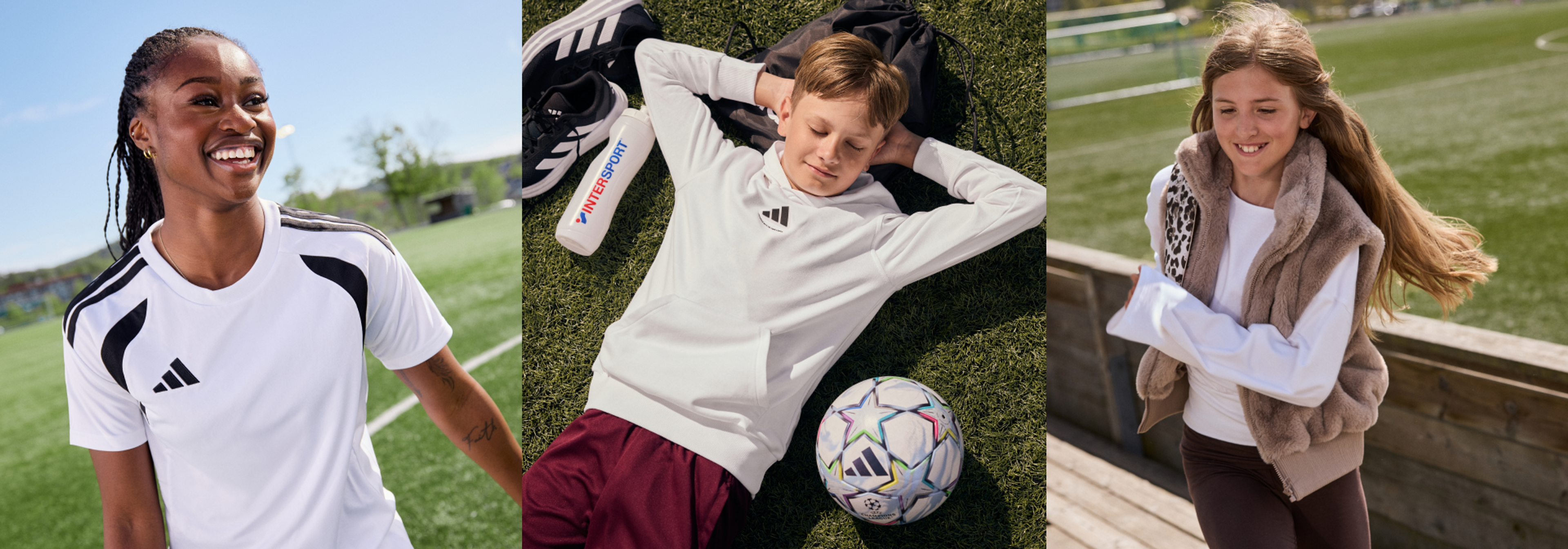 A collage of three images: a smiling woman in an Adidas soccer jersey, a boy resting on a soccer field with a ball, and a smiling girl in a vest outdoors.