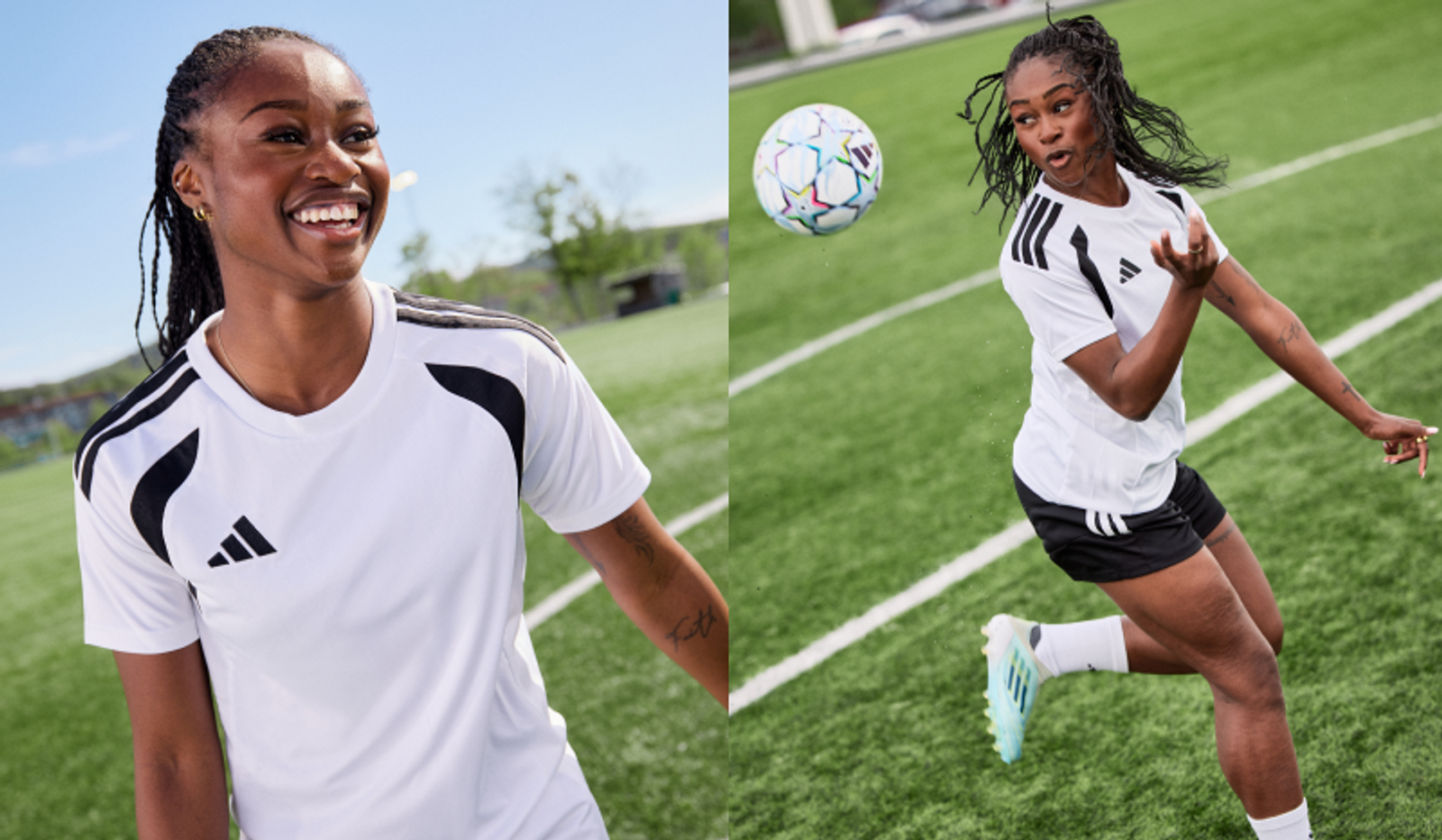 Split image of a Black female soccer player in a white Adidas jersey on a green field; she smiles in one and plays with a soccer ball in the other.