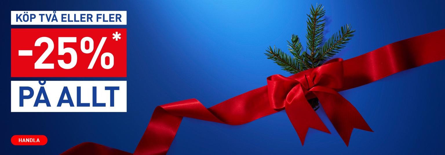 25% off everything when buying two or more. Red ribbon and spruce branch on blue background.