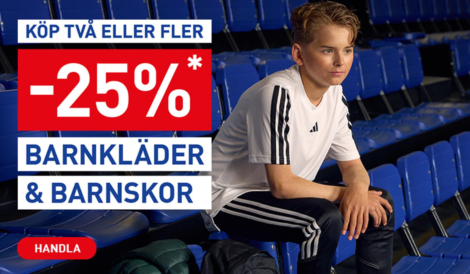 Advertisement: A boy in Adidas sportswear sits on stadium seats next to text promoting "Buy two or more, -25% off Children's Clothes & Children's Shoes".