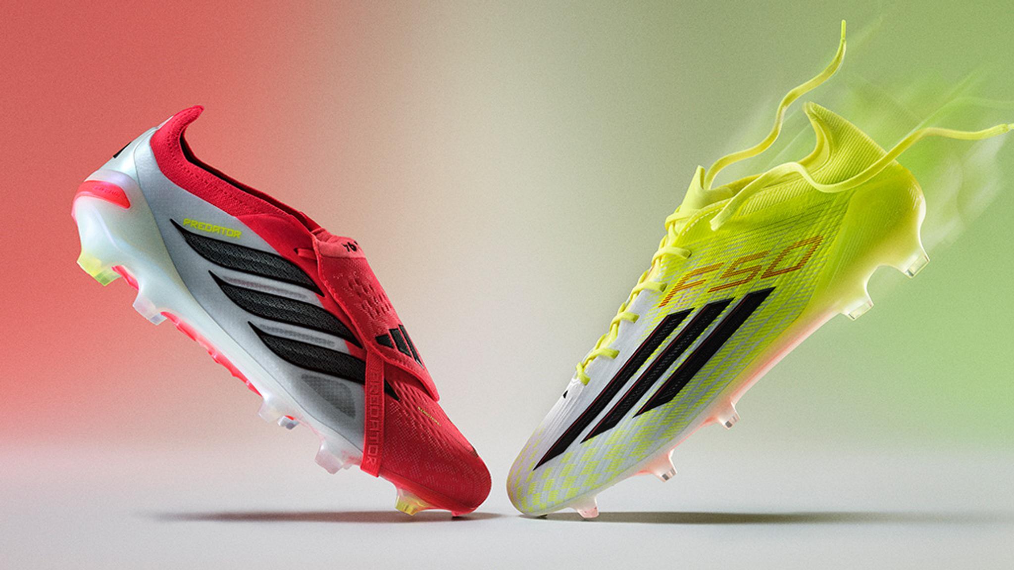 Two Adidas soccer cleats: a red and white Predator and a neon yellow and white F50, angled against a red and green gradient background.