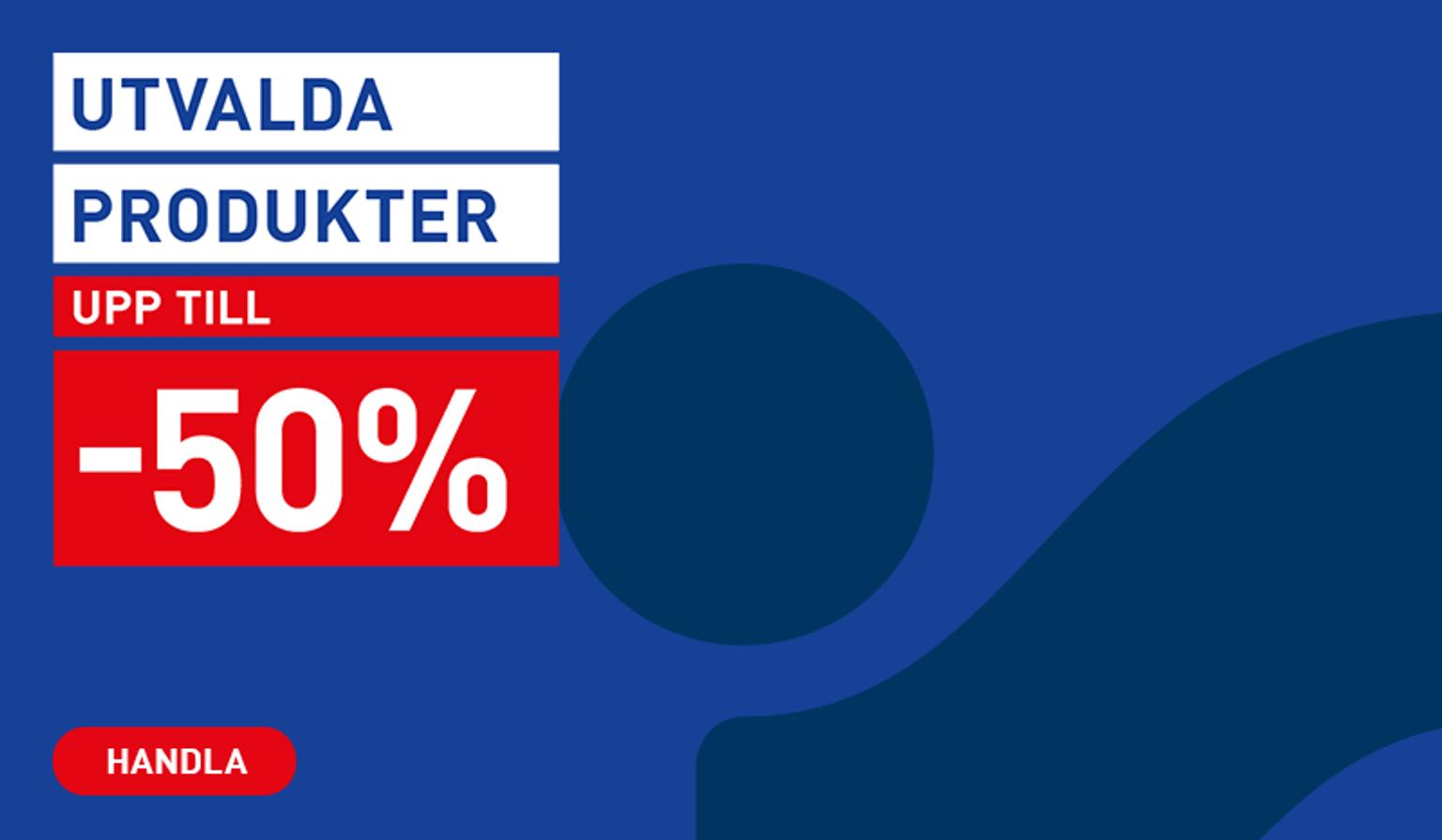 a blue background with a red and white sign that says -50 %