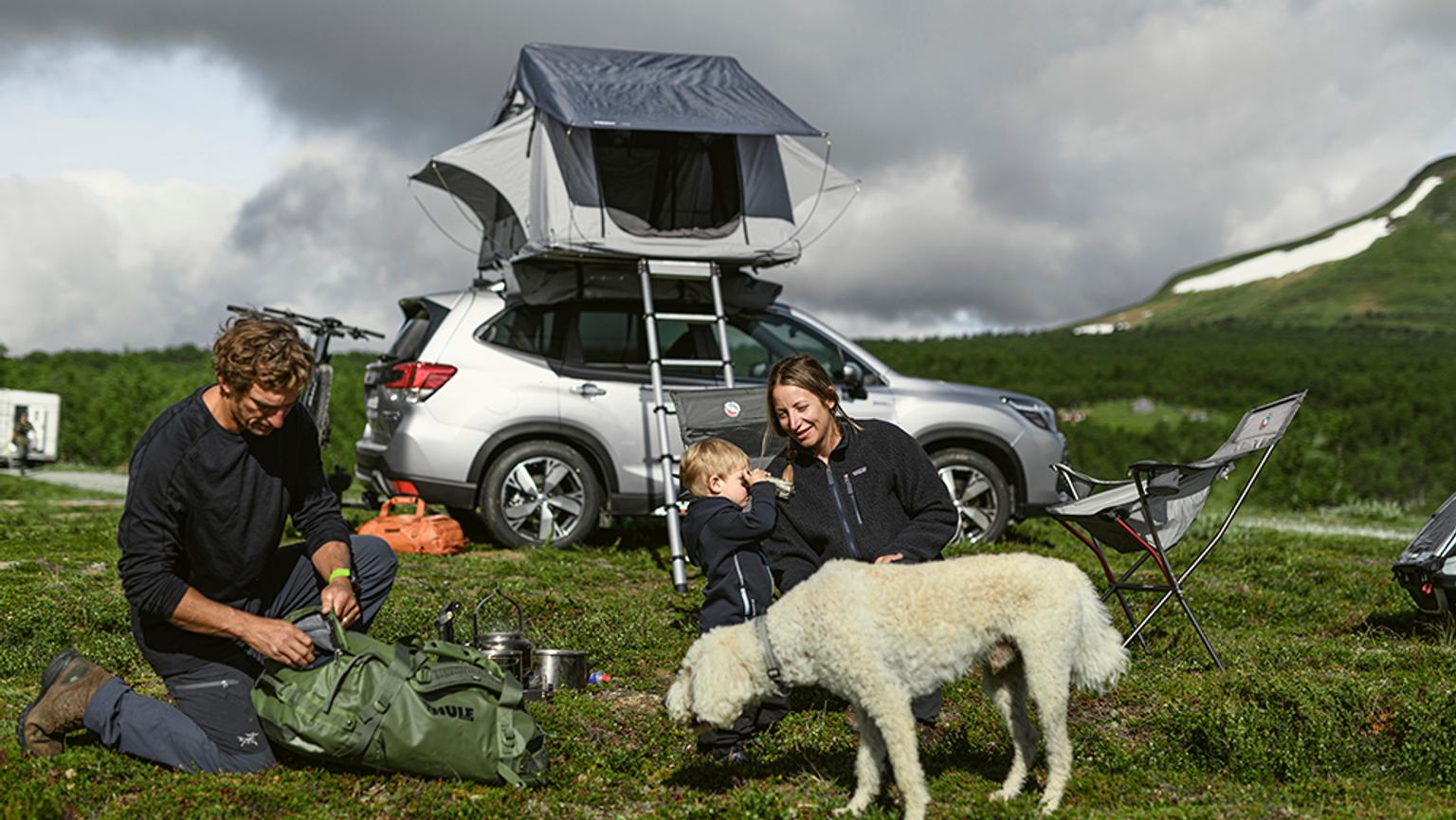 a family is camping with a tent on top of their suv .