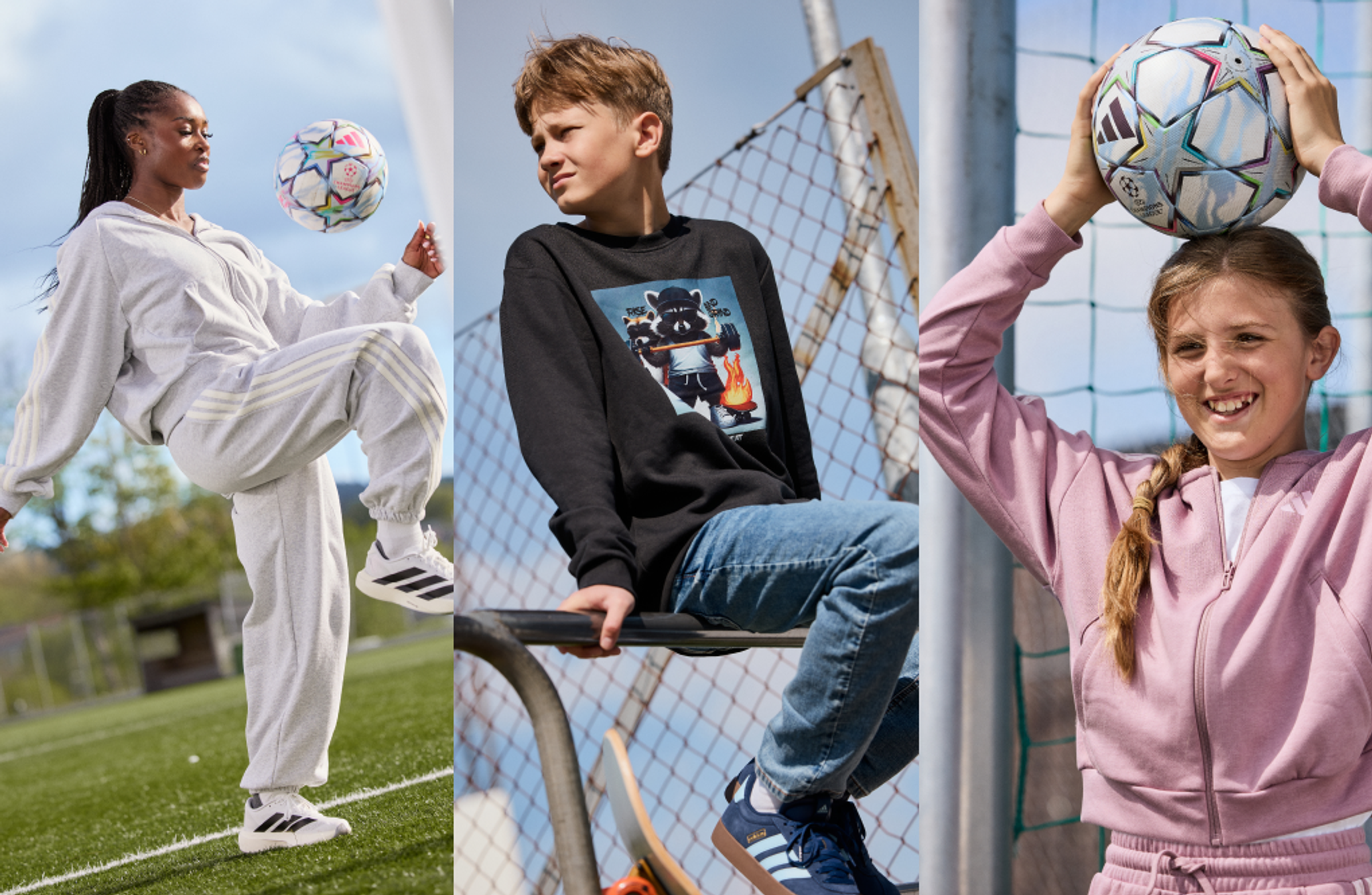 A triptych of three young people in Adidas casual wear: a woman juggling a soccer ball, a boy sitting, and a girl smiling with a soccer ball on her head.