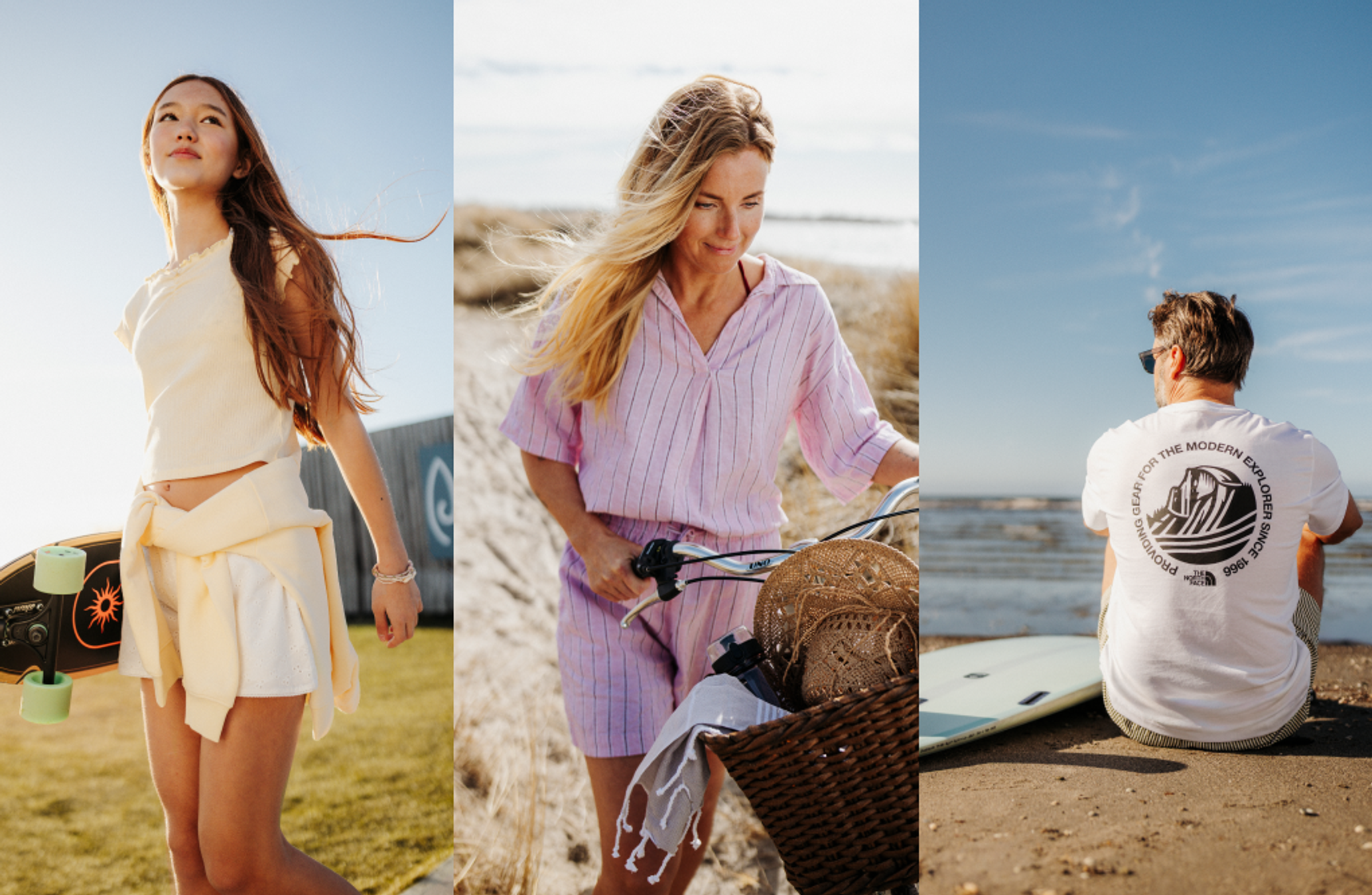 A triptych showing a girl with a skateboard, a woman with a bicycle, and a man on a beach with a surfboard.