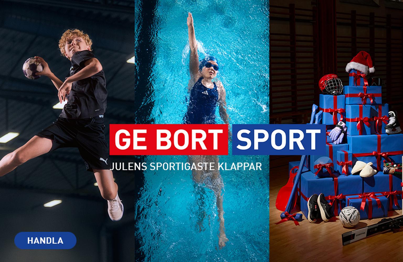 Collage of a handball player, a swimmer, and a Christmas display of blue gifts filled with sports items. Text: "Give Sport, Christmas' Sportiest Gifts."