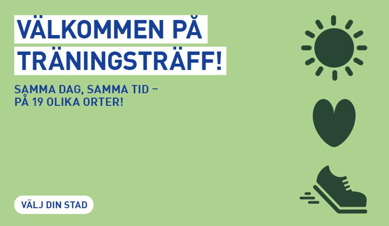 Advertisement for a training meetup across 19 cities, with icons of a sun, heart, and running shoe.