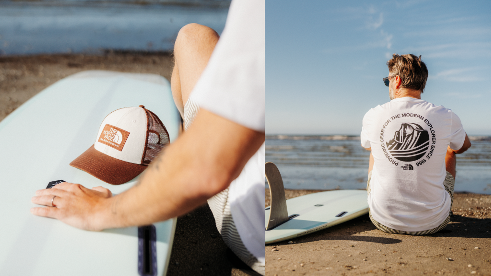 A split image shows a person on a beach with a surfboard. The left features a The North Face hat on the board, the right features the person from behind in a The North Face t-shirt looking at the ocean.