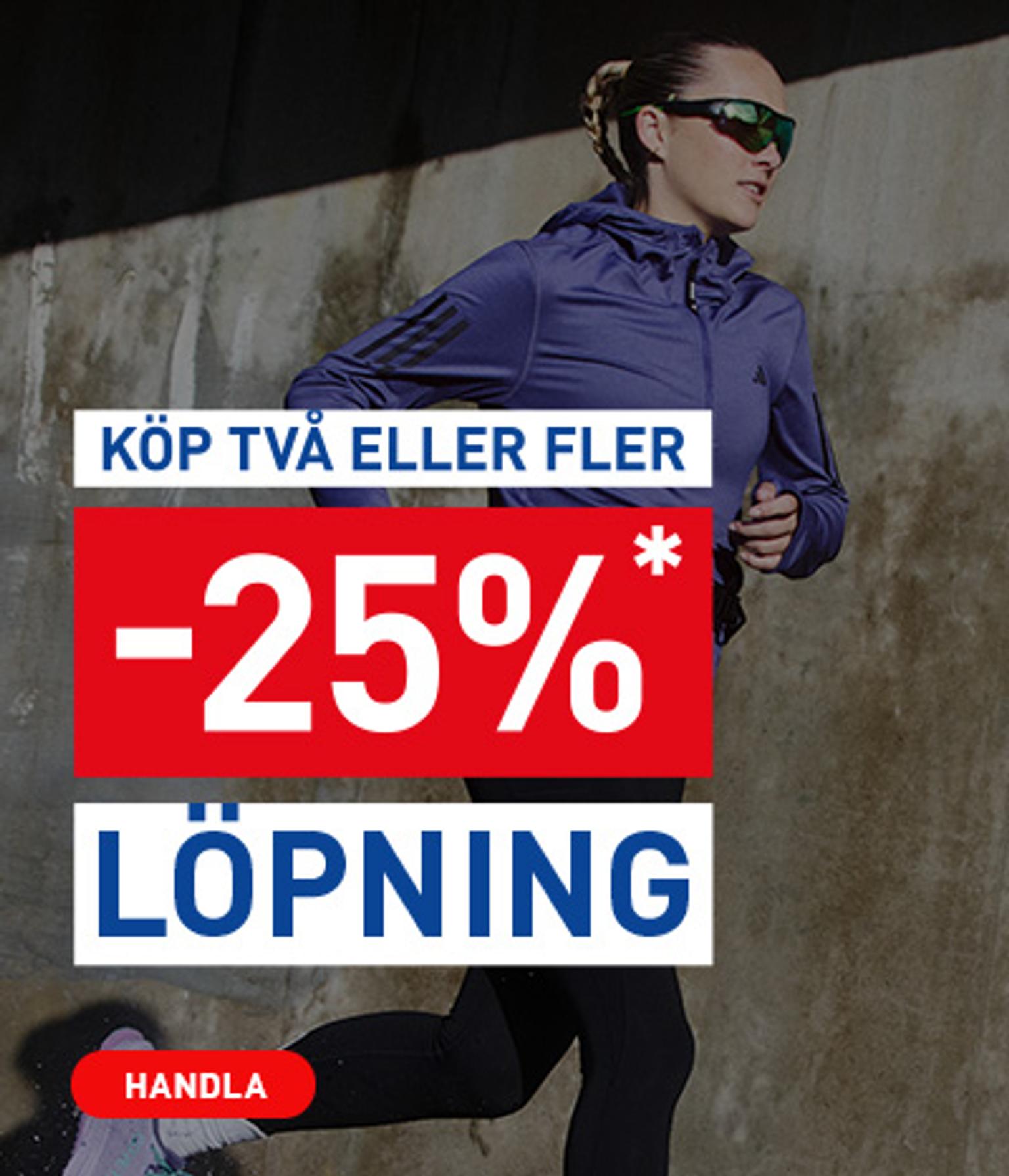 Woman running in athletic wear. Promotional text: Buy two or more, get 25% off running gear. Shop now.