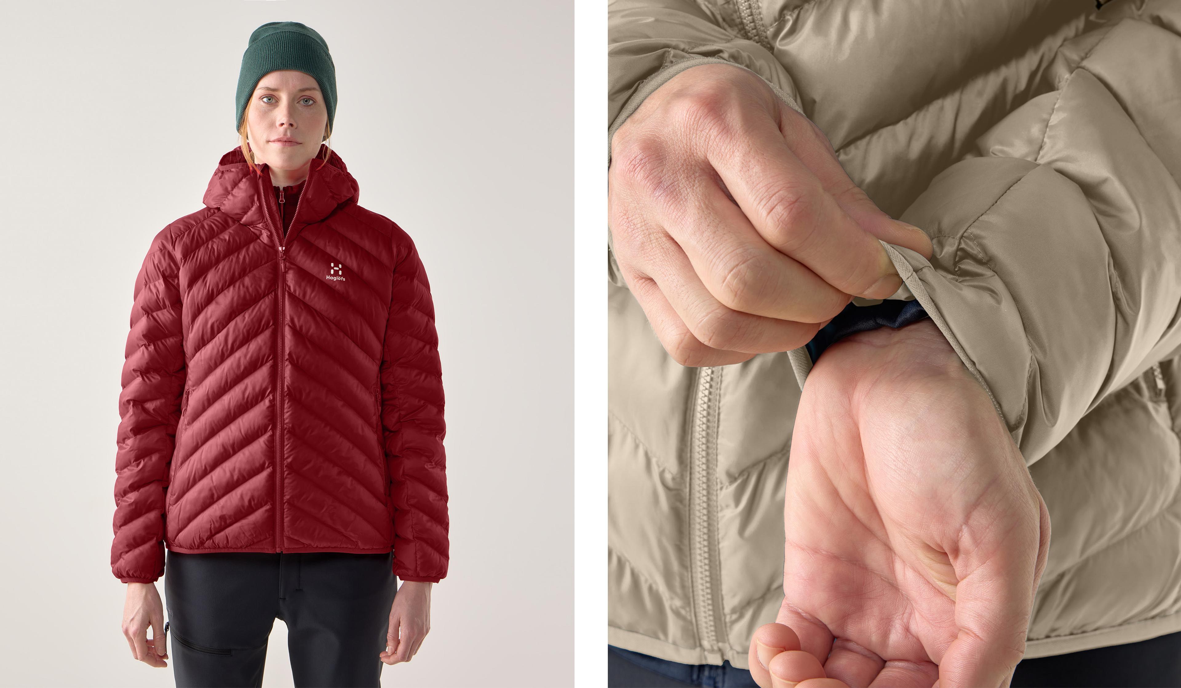 a woman is wearing a red jacket and a green hat .