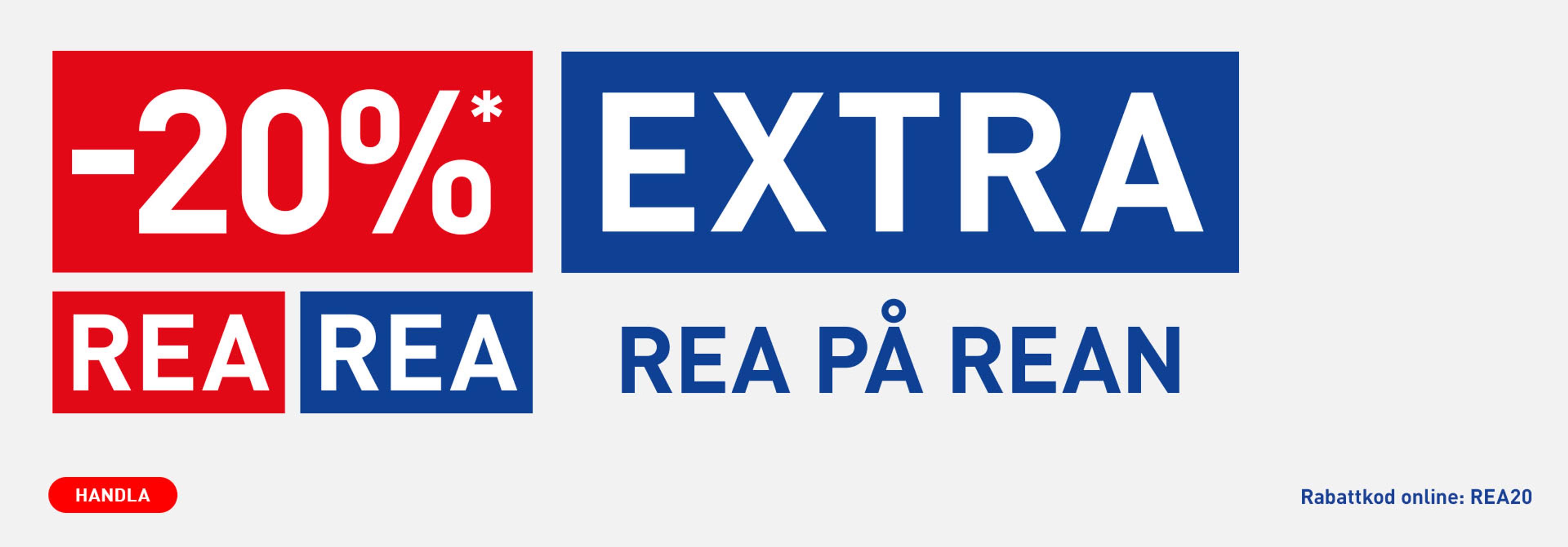 Sale banner with red and blue text: "-20%* EXTRA", "REA REA", and "REA PÅ REAN" (Sale on Sale), with a "HANDLA" (Shop) button and online discount code "REA20".