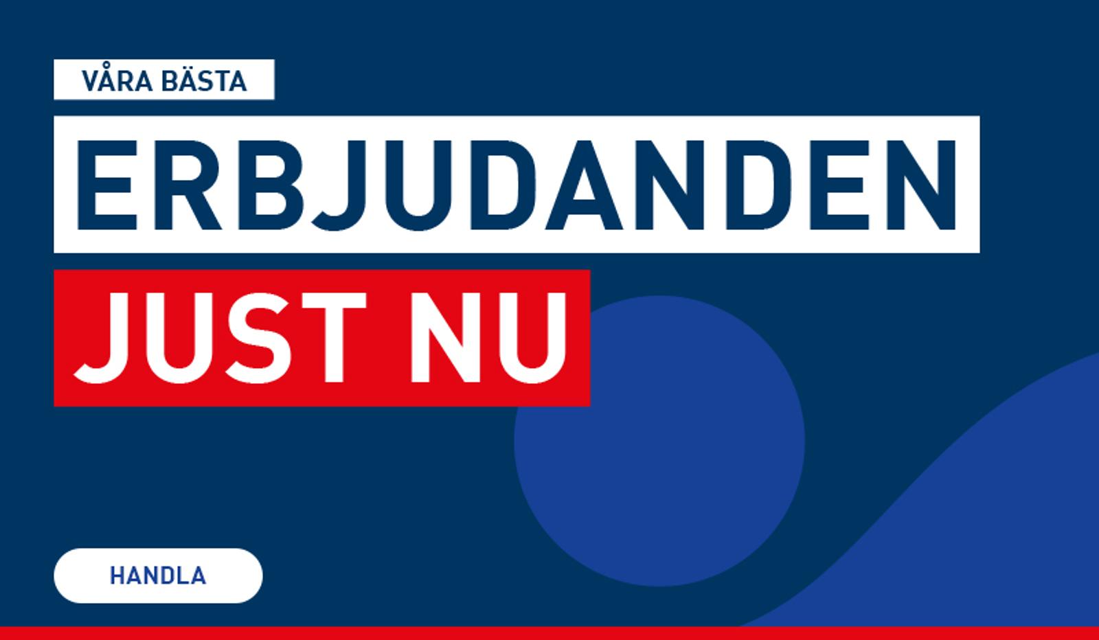 Dark blue banner with text "VÅRA BÄSTA ERBJUDANDEN JUST NU" (Our Best Offers Right Now) and a "HANDLA" (Shop) button.