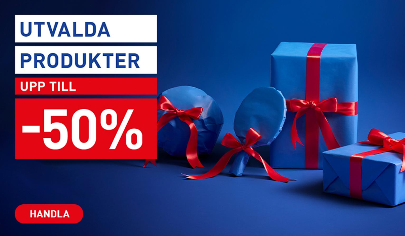 Selected products up to 50% off, featuring blue gift boxes with red ribbons.
