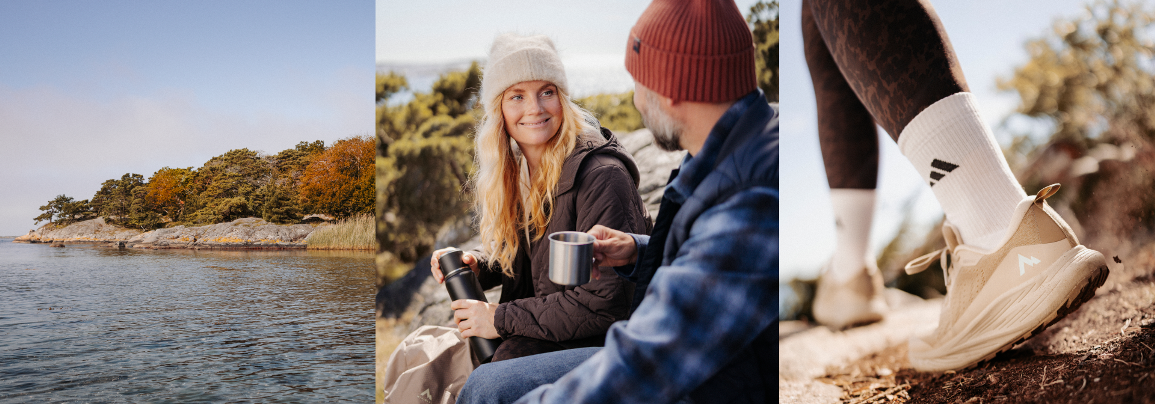 A triptych showing a rocky, forested coastline, a couple enjoying hot drinks outdoors, and a person's feet in hiking shoes on a trail.
