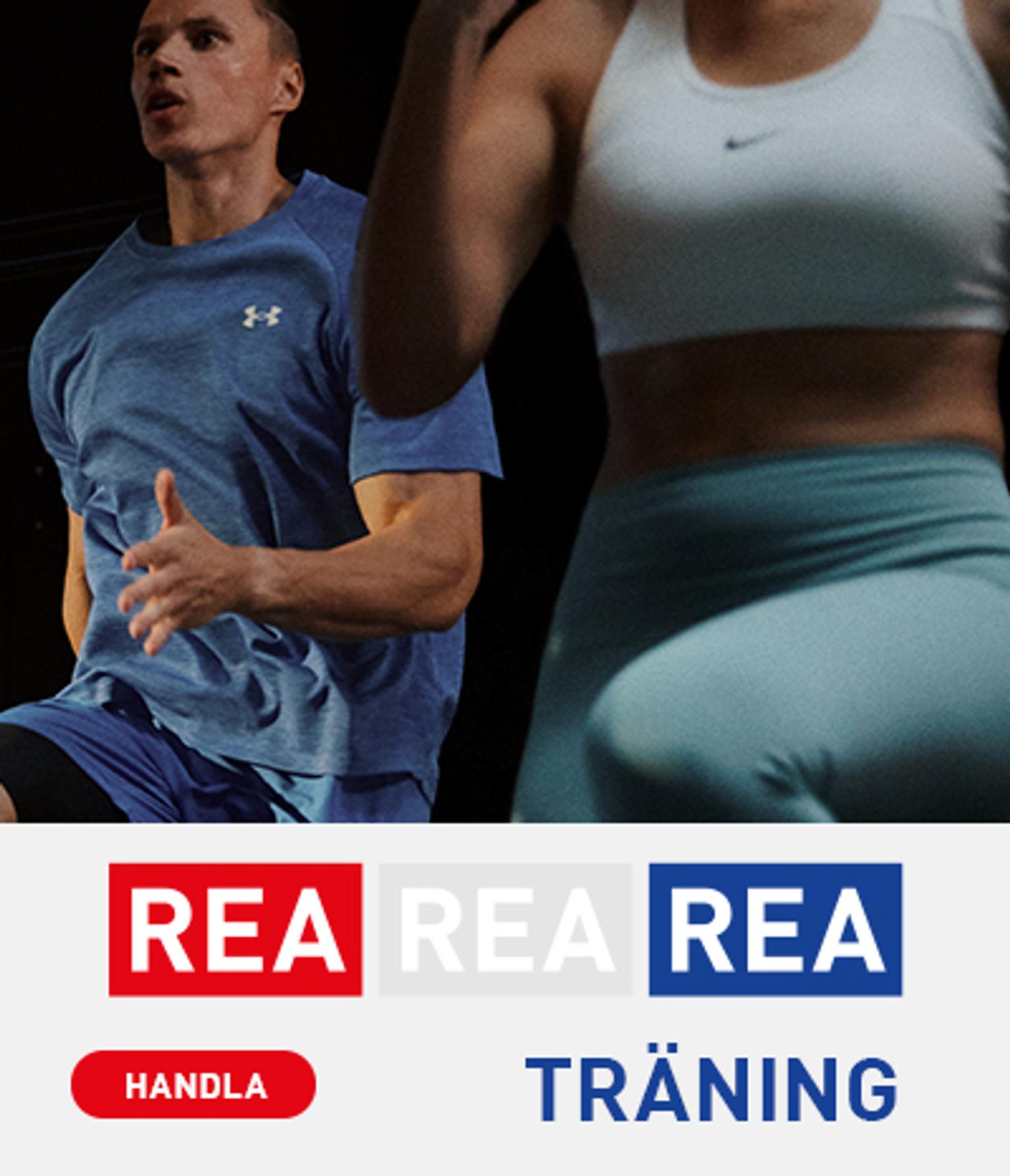 A man and a woman exercising, with text "REA REA REA", a "HANDLA" button, and "TRÄNING".
