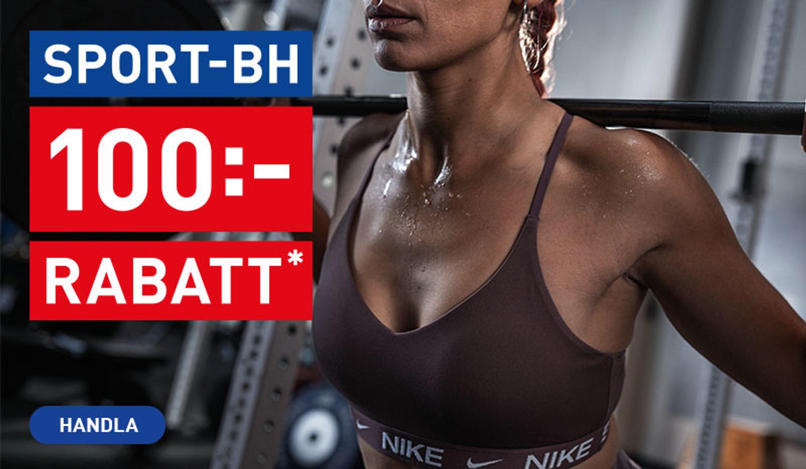 Ad: Woman in sports bra with barbell, text "Sports Bra 100:- Discount" and "Shop".